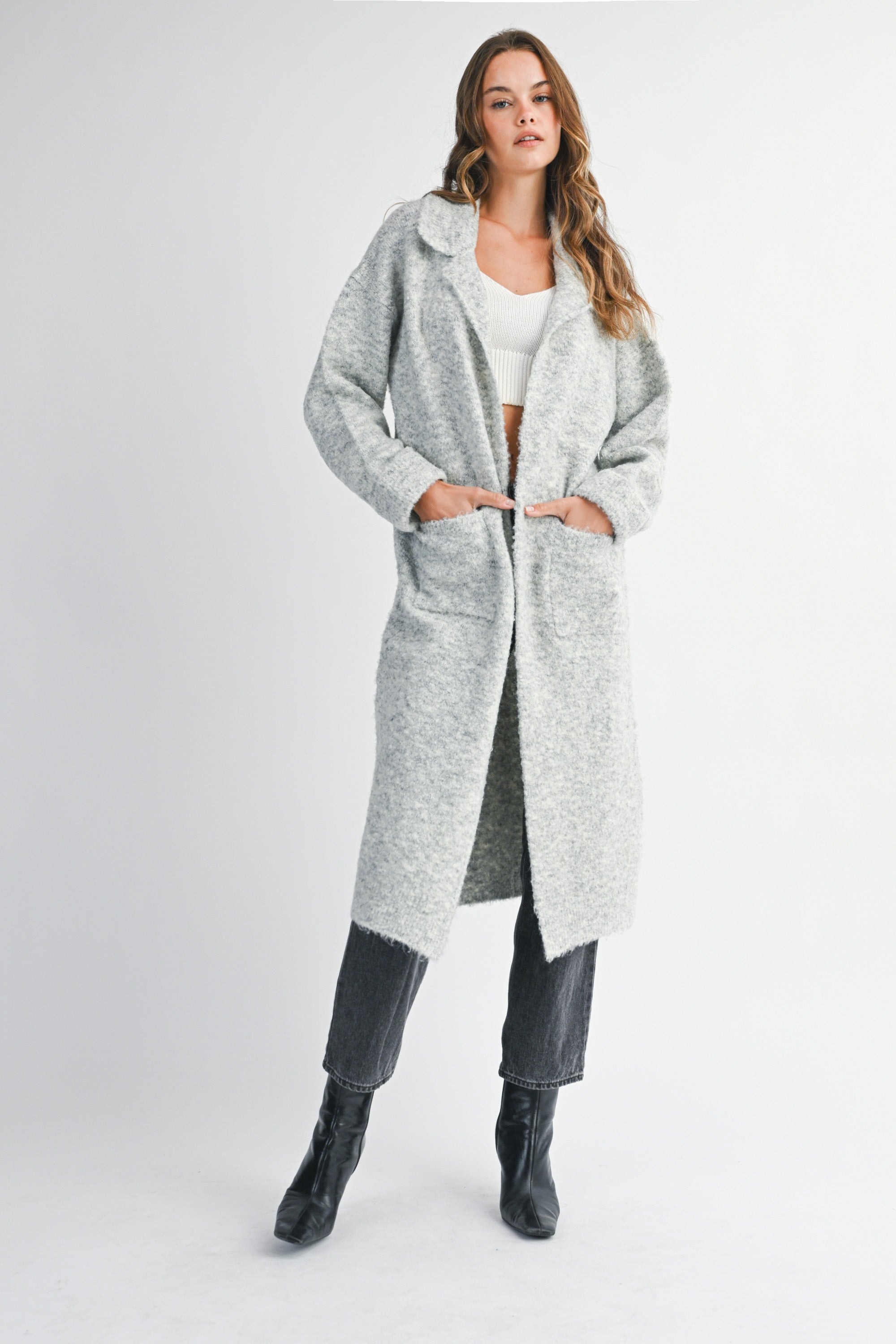 Mable Grey Knit Collared Open Long Cardigan