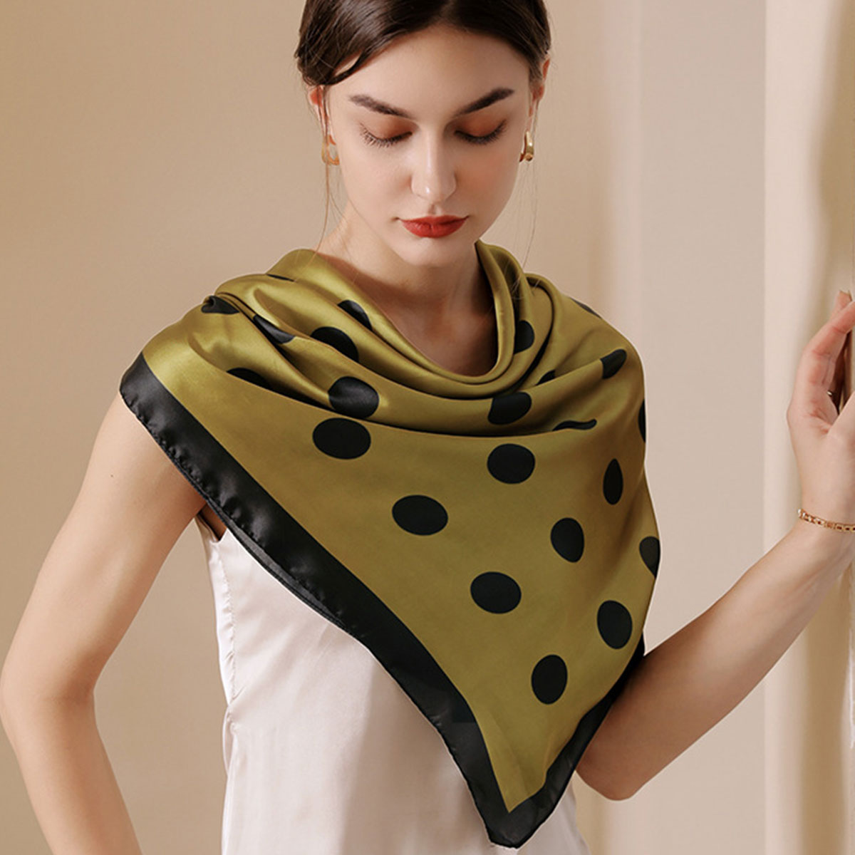 Green Polka Dot Silky Wrap Neck Scarf
