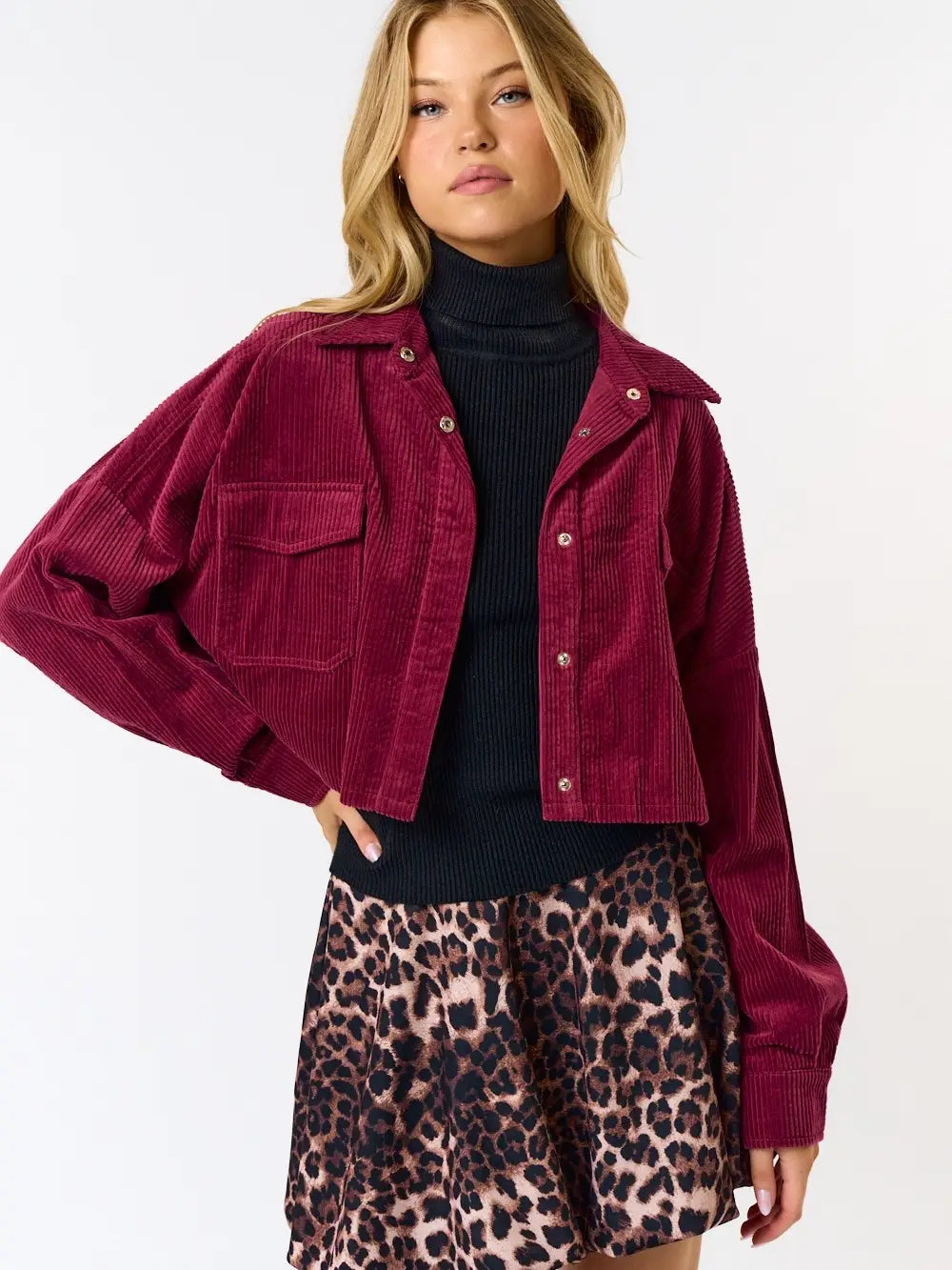 Blue Blush Corduroy Button Up Crop Jacket