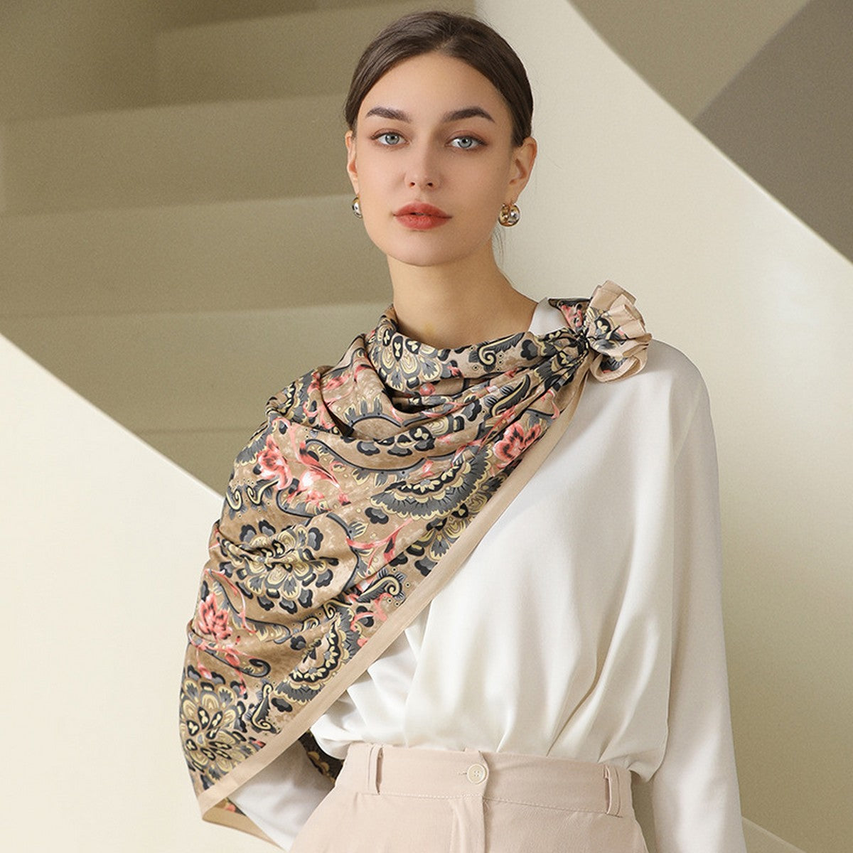 Flower Print Small Neck Pink Silk Scarf Square