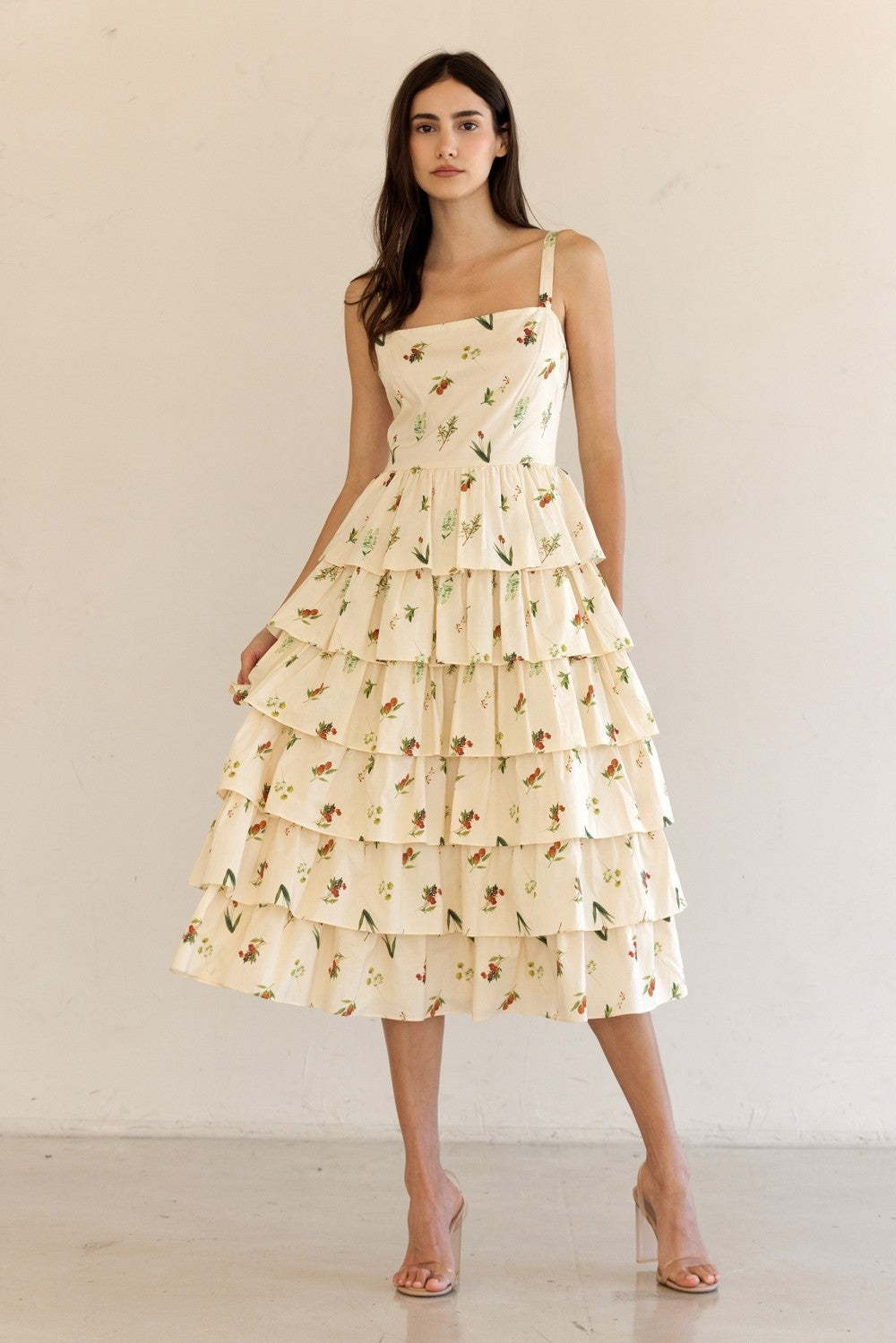 Storia Tiered Floral Print Midi Dress