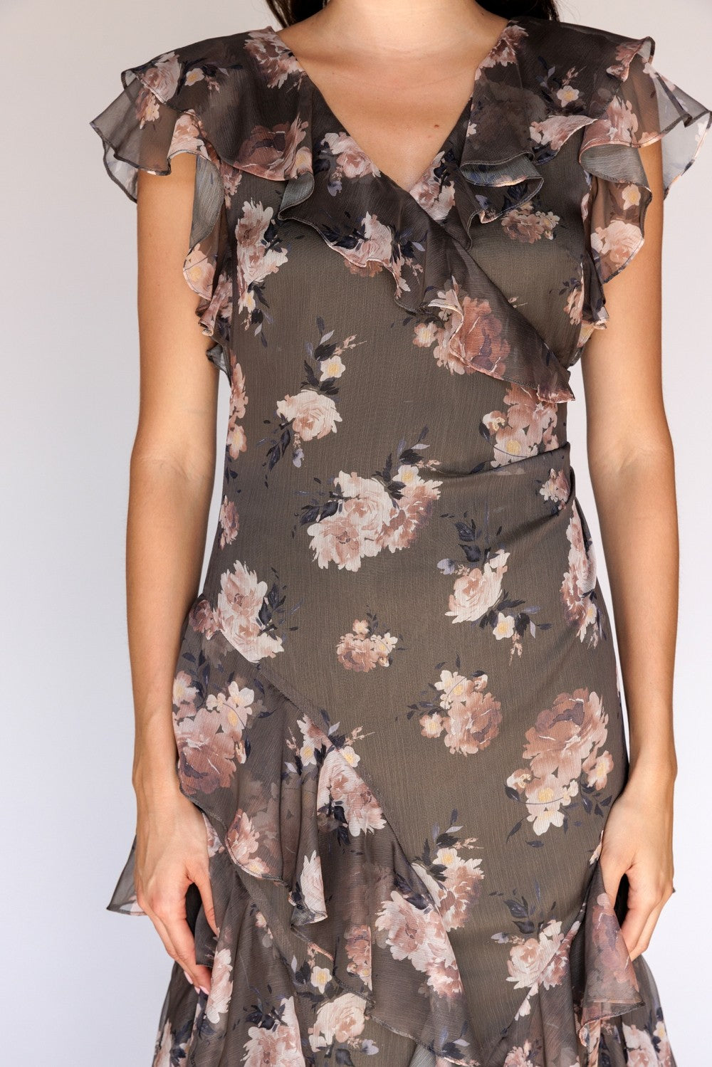 Storia Floral Ruffle Tiered Midi Dress