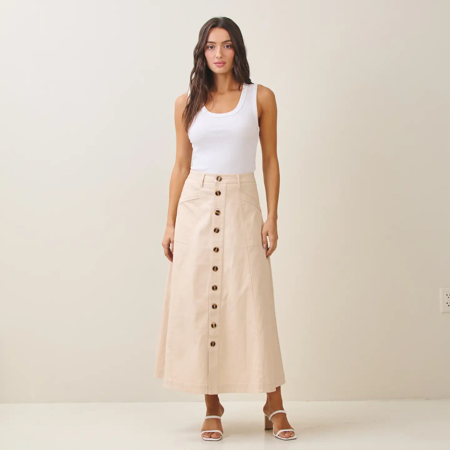 Able Button Flare Stretch Skirt