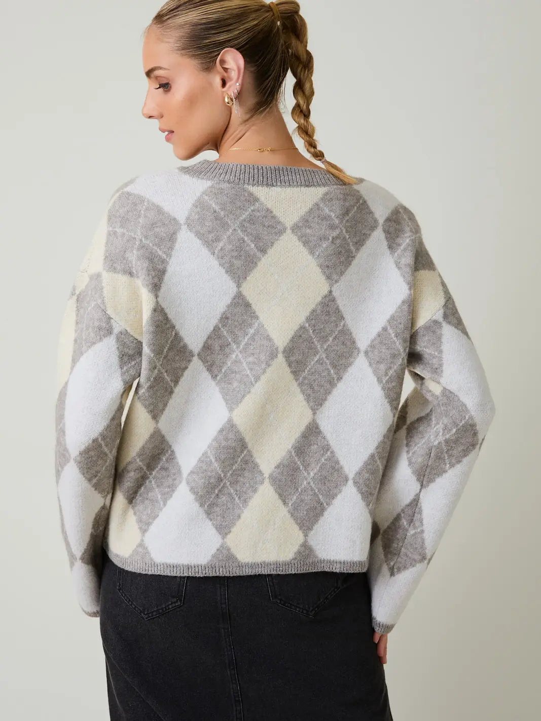 Sunday Edition Round Neck Argyle Pattern Sweater