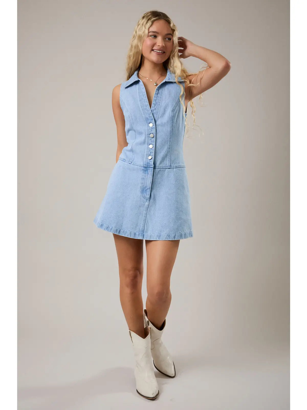 Le Lis Low Waist Collared Sleeveless Denim Dress