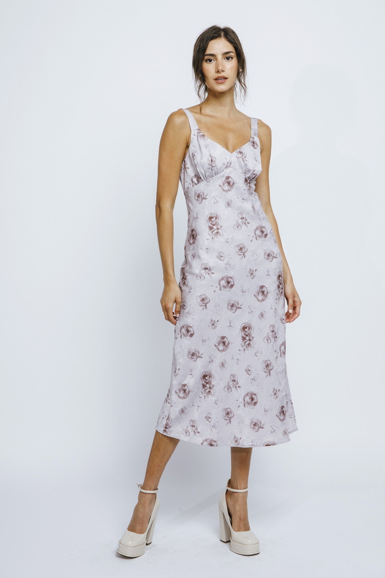 Storia Rose Print Satin Slip Midi Dress