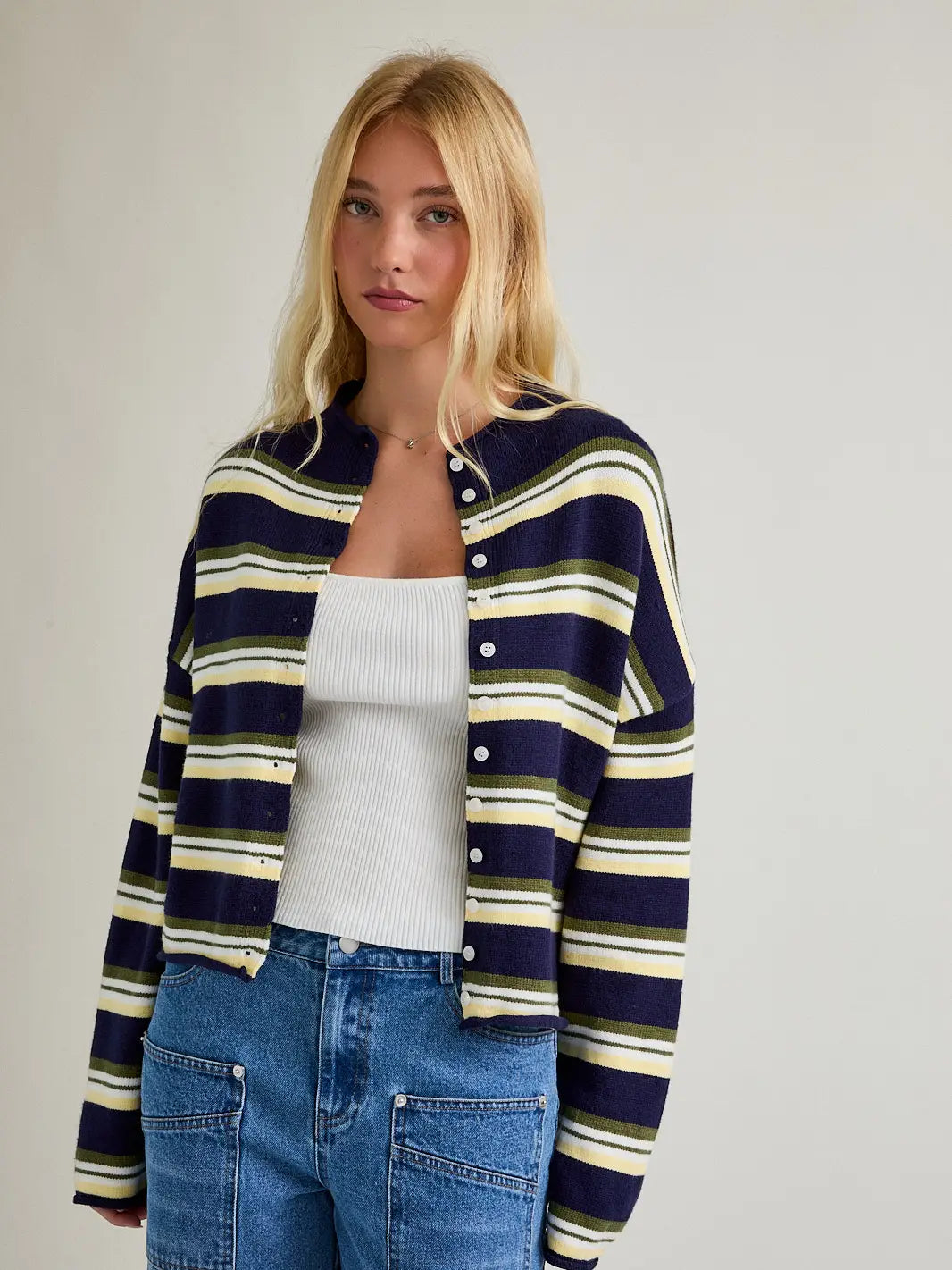 Le Lis Roll Hem Buttons Detail Striped Cardigan