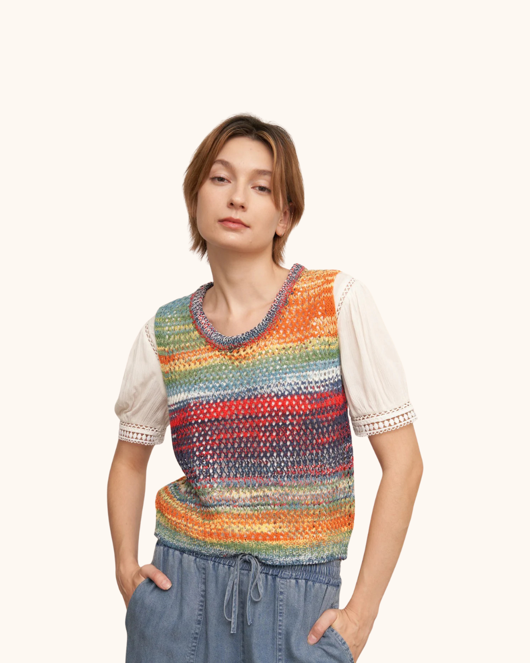 En Crème Multicolor Sleeveless Knit Sweater Top
