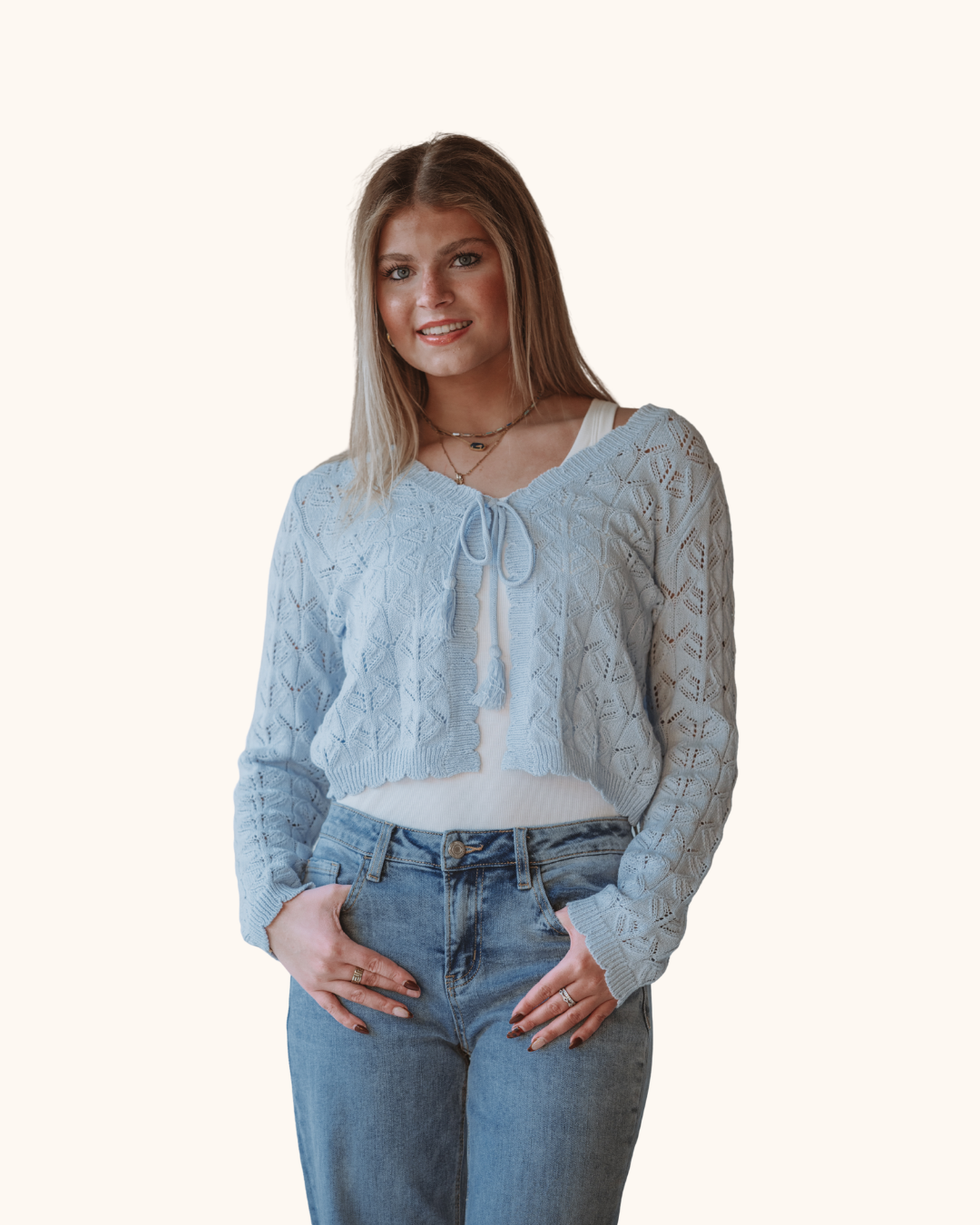 Storia Light Blue Tie Front Knit Cardigan