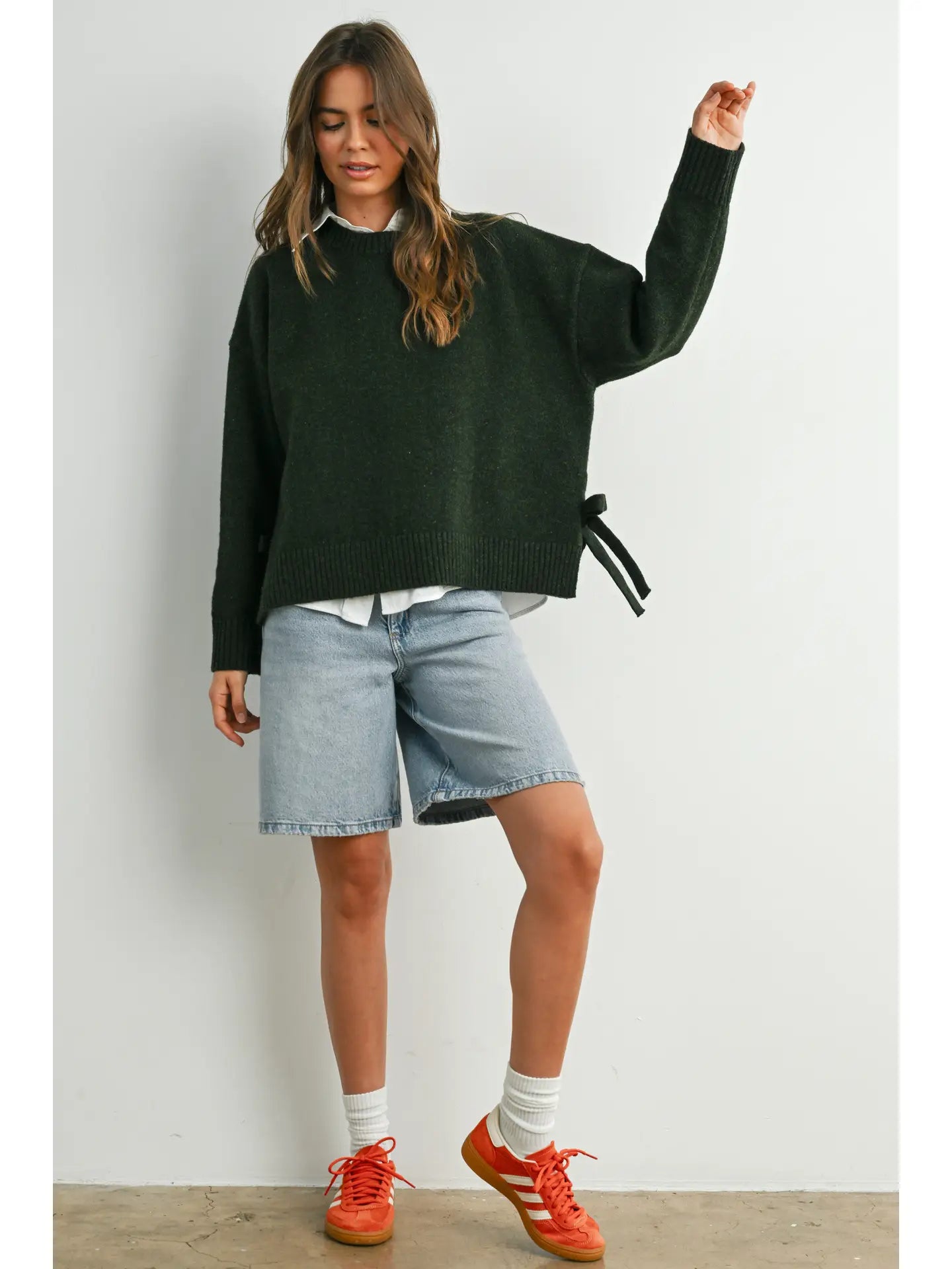 Buttermelon Tie Split-Hem Crewneck Top