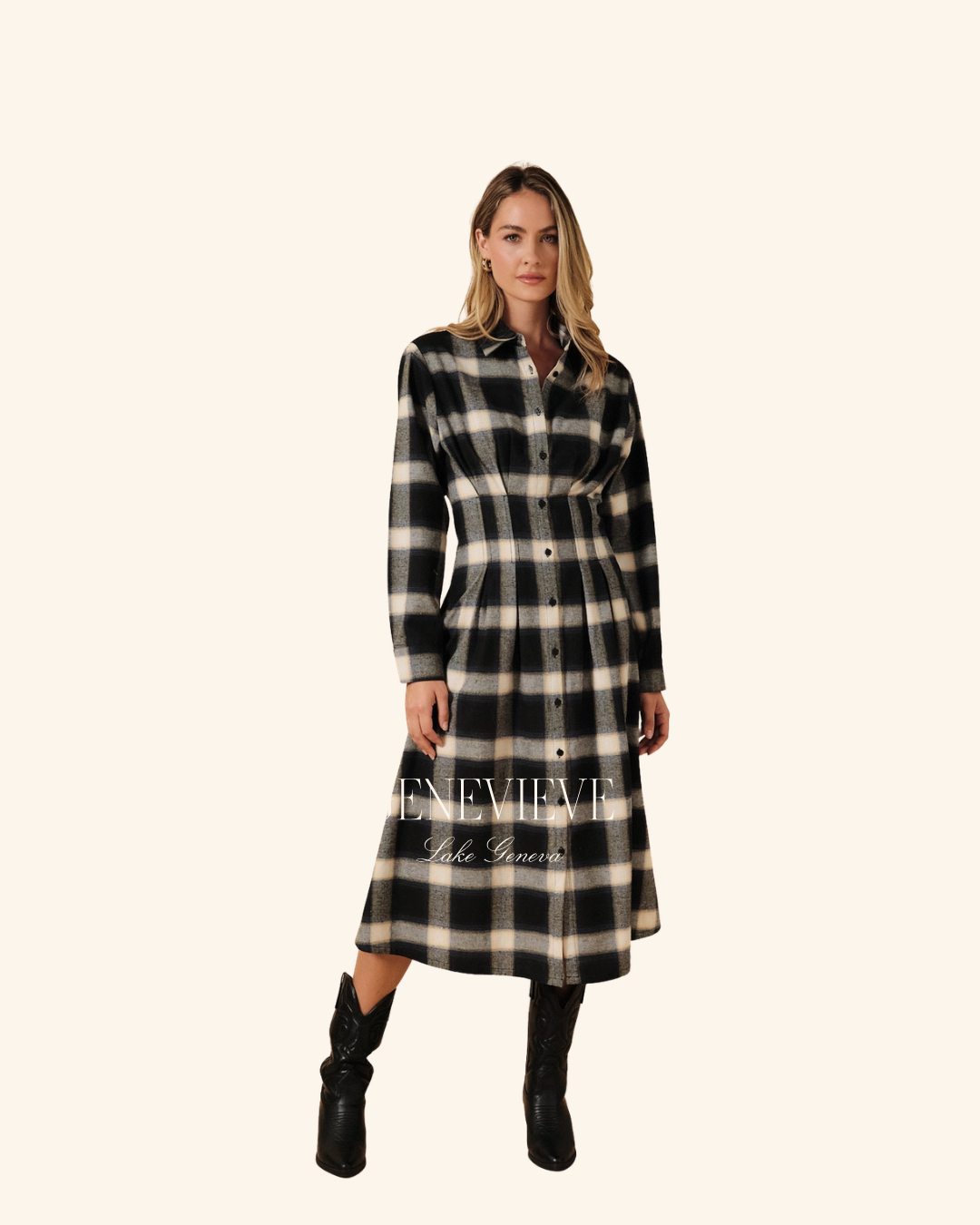 Sunday Edition Navy Cream Plaid Button Down Midi Dress
