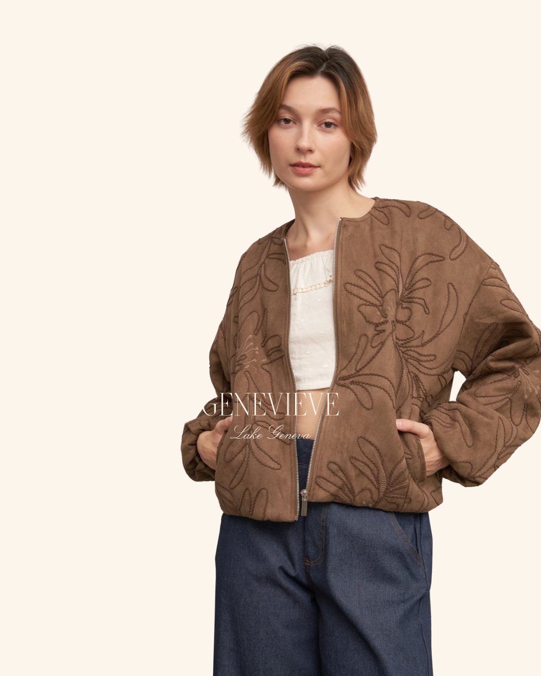 En Creme Brown Embroidered Floral Jacket