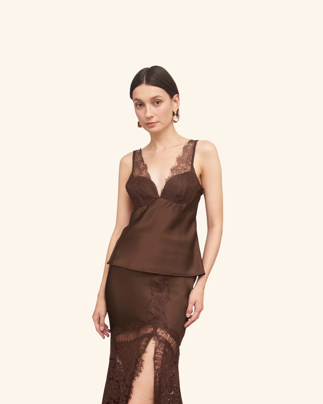 En Creme Brown Lace Top