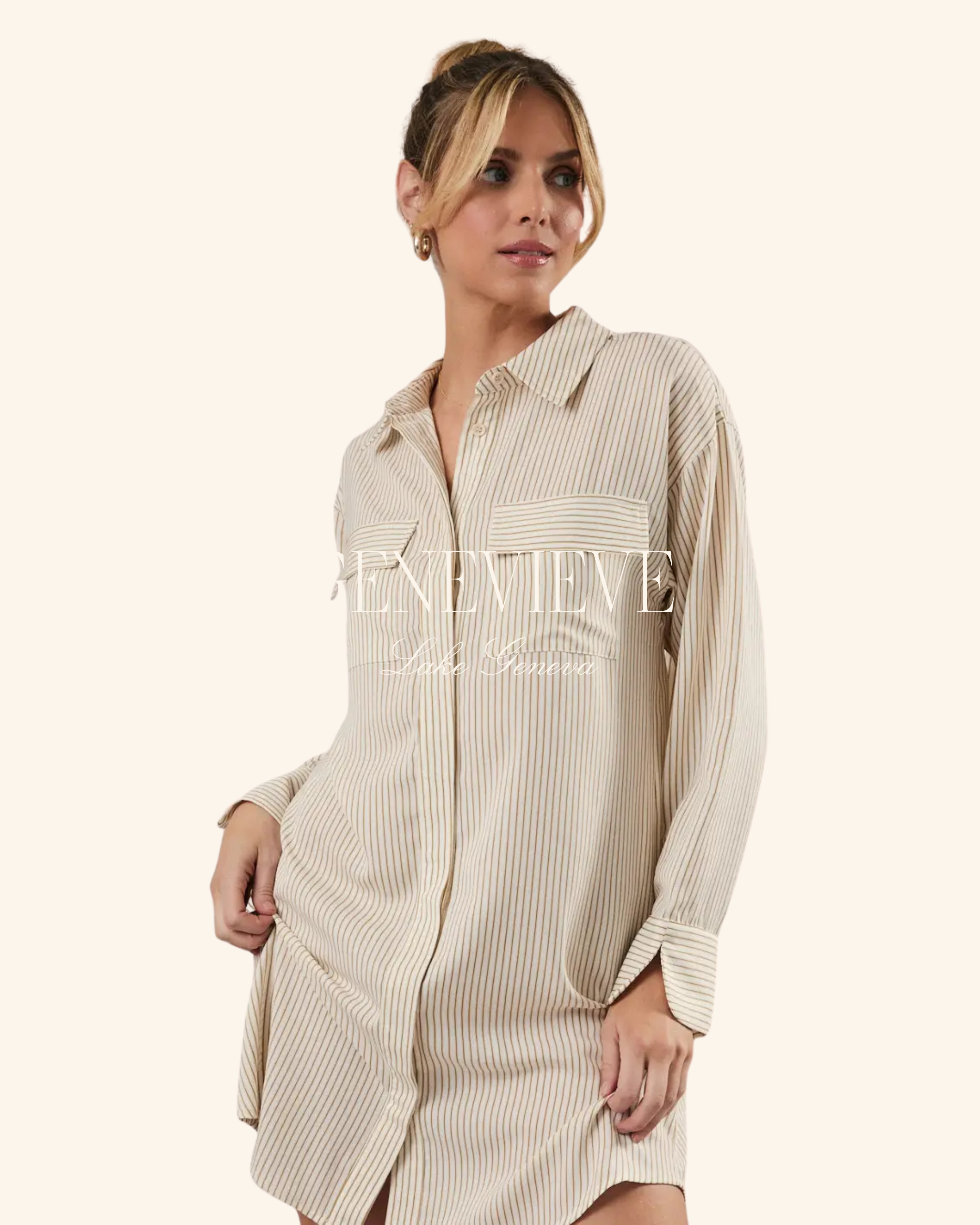 Sunday Edition Taupe Stripe Shirt Dress