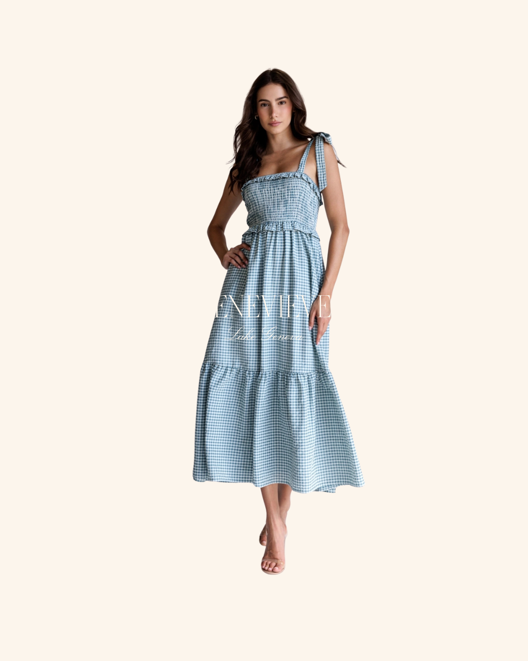 Storia Ivory Teal Smocked Dress LG