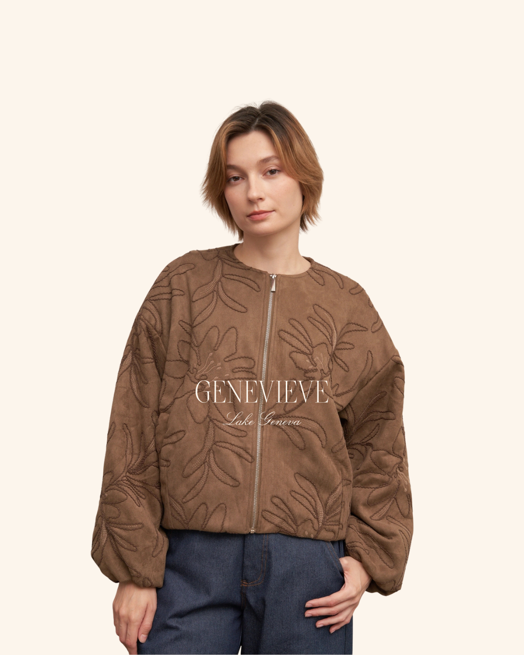 En Creme Brown Embroidered Floral Jacket