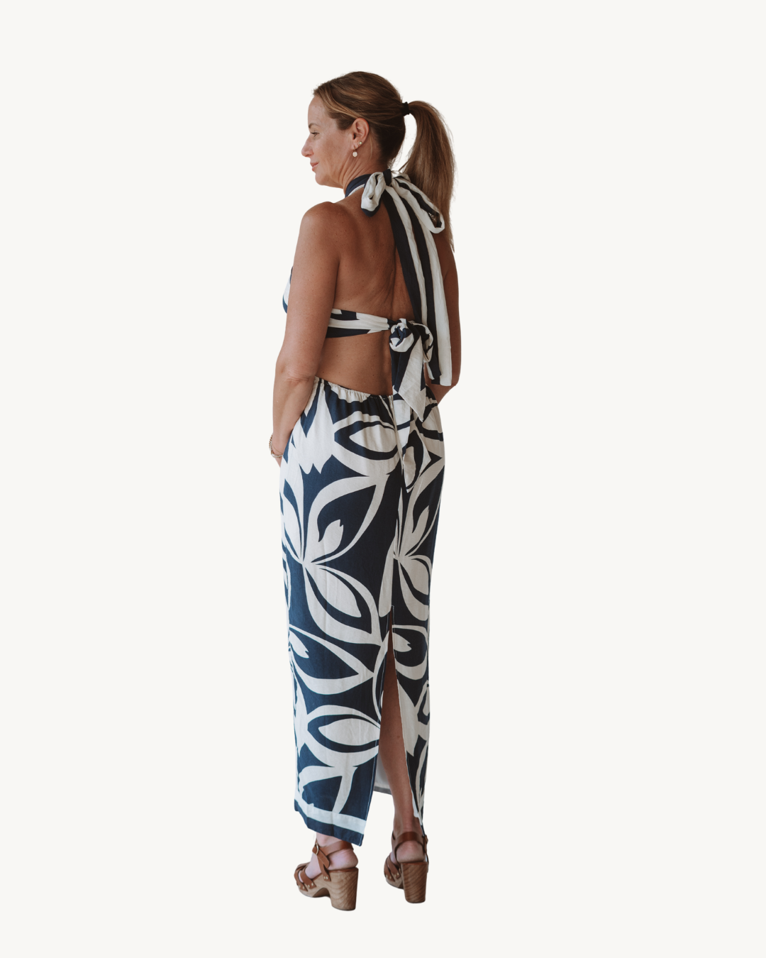 Mable Navy Printed Halter Midi Dress