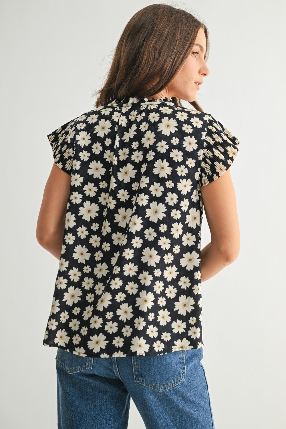 Fun2Fun Floral Pleated Ruffle Sleeve Blouse