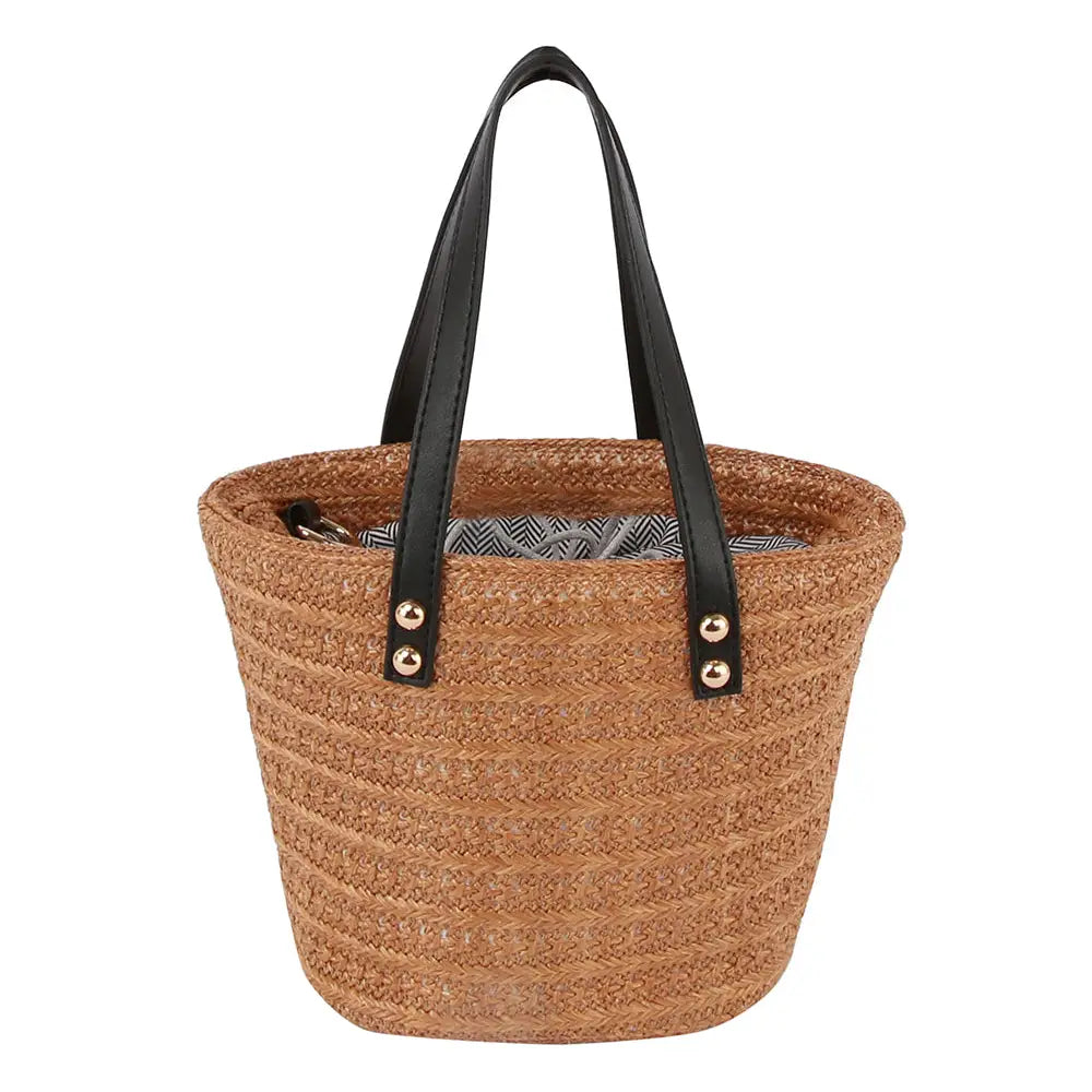 Drawstring Straw Tote with Leather Handles