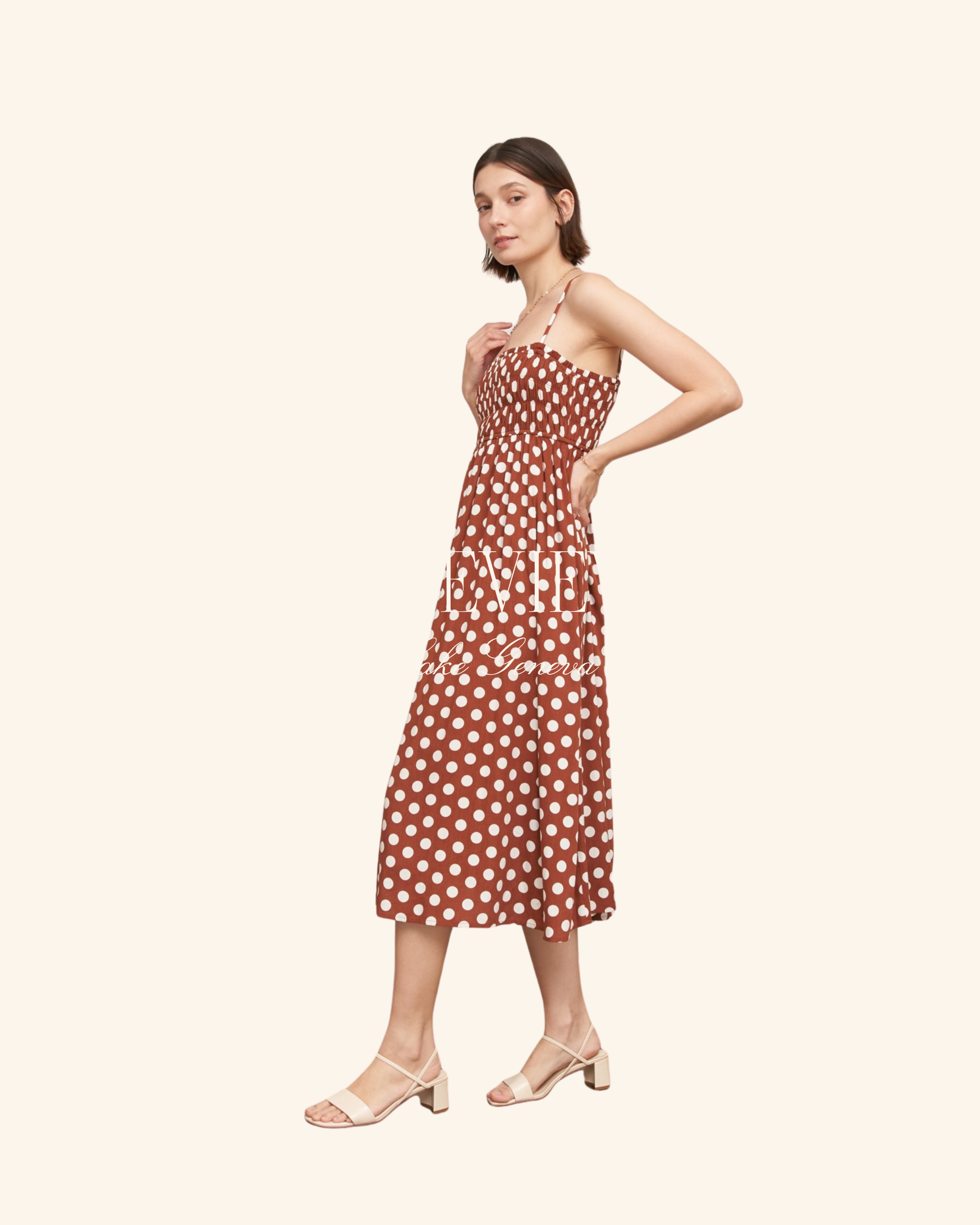En Crème Brown Polka Dot Smocked Midi Dress