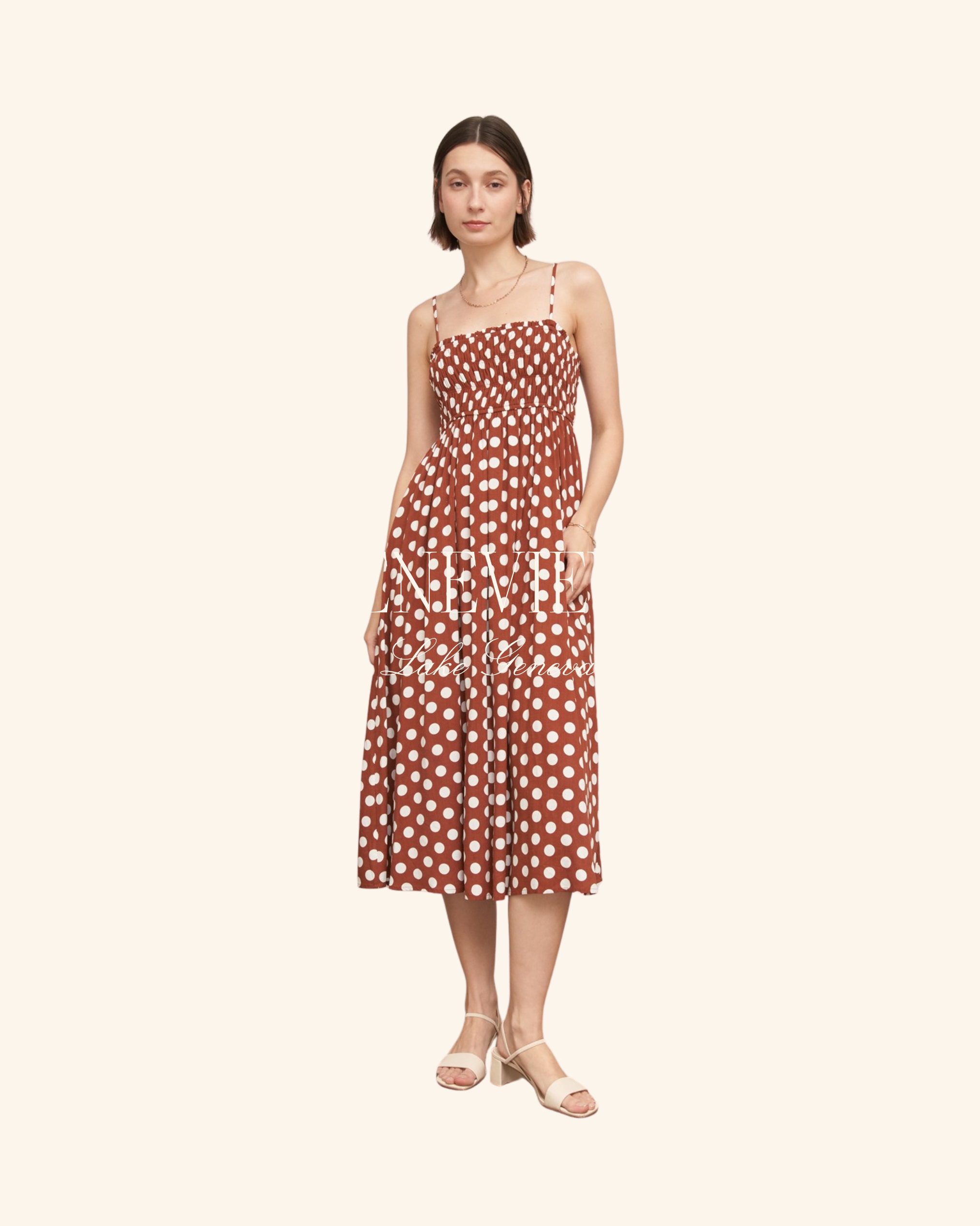 En Crème Brown Polka Dot Smocked Midi Dress