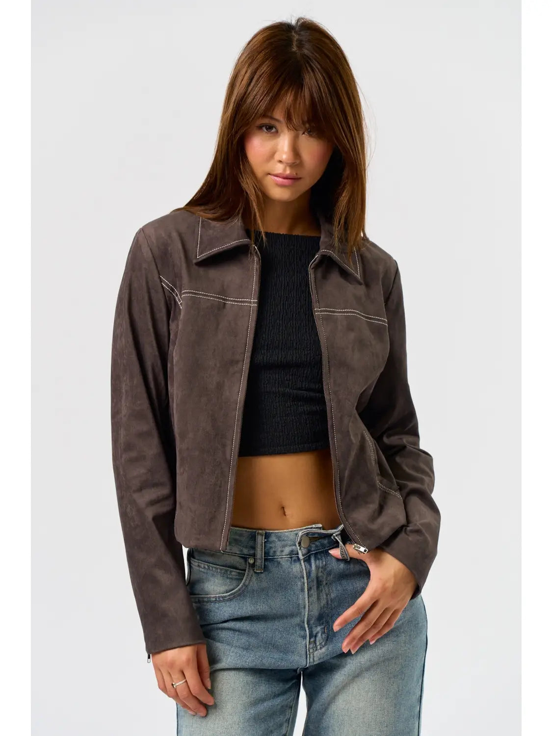 Blue Blush Suede Jacket with Contrast Stitching