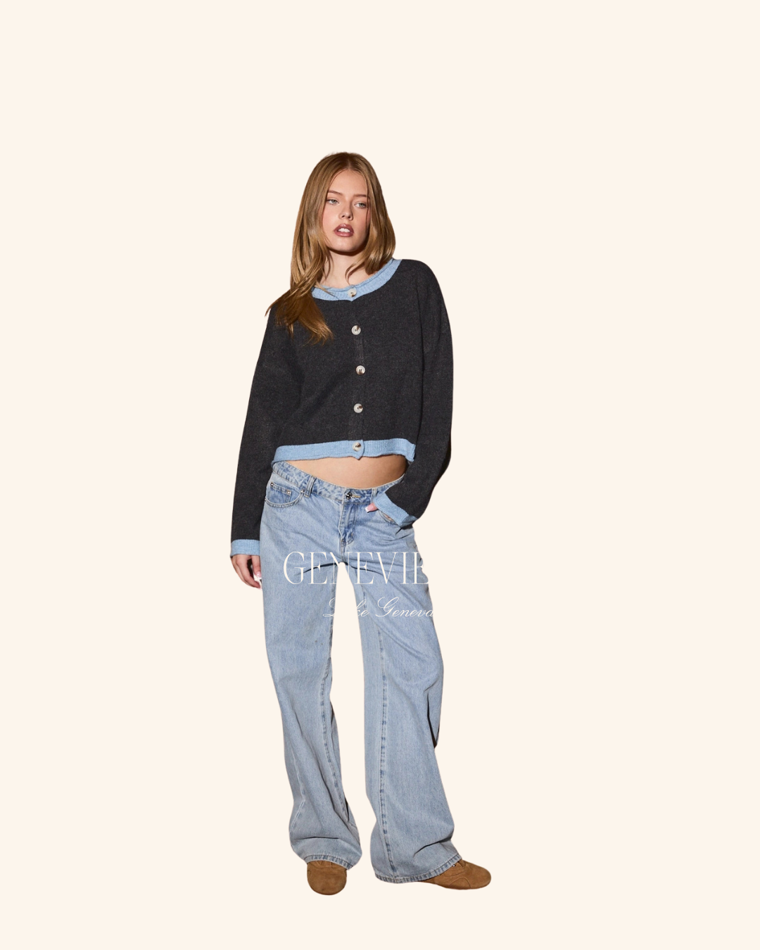 Le Lis Charcoal Blue Contrast Cardigan