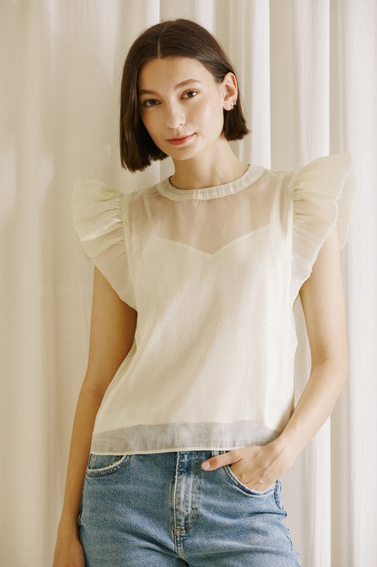 Monochromatic Sheen-Capped Ruffled Sleeves Top