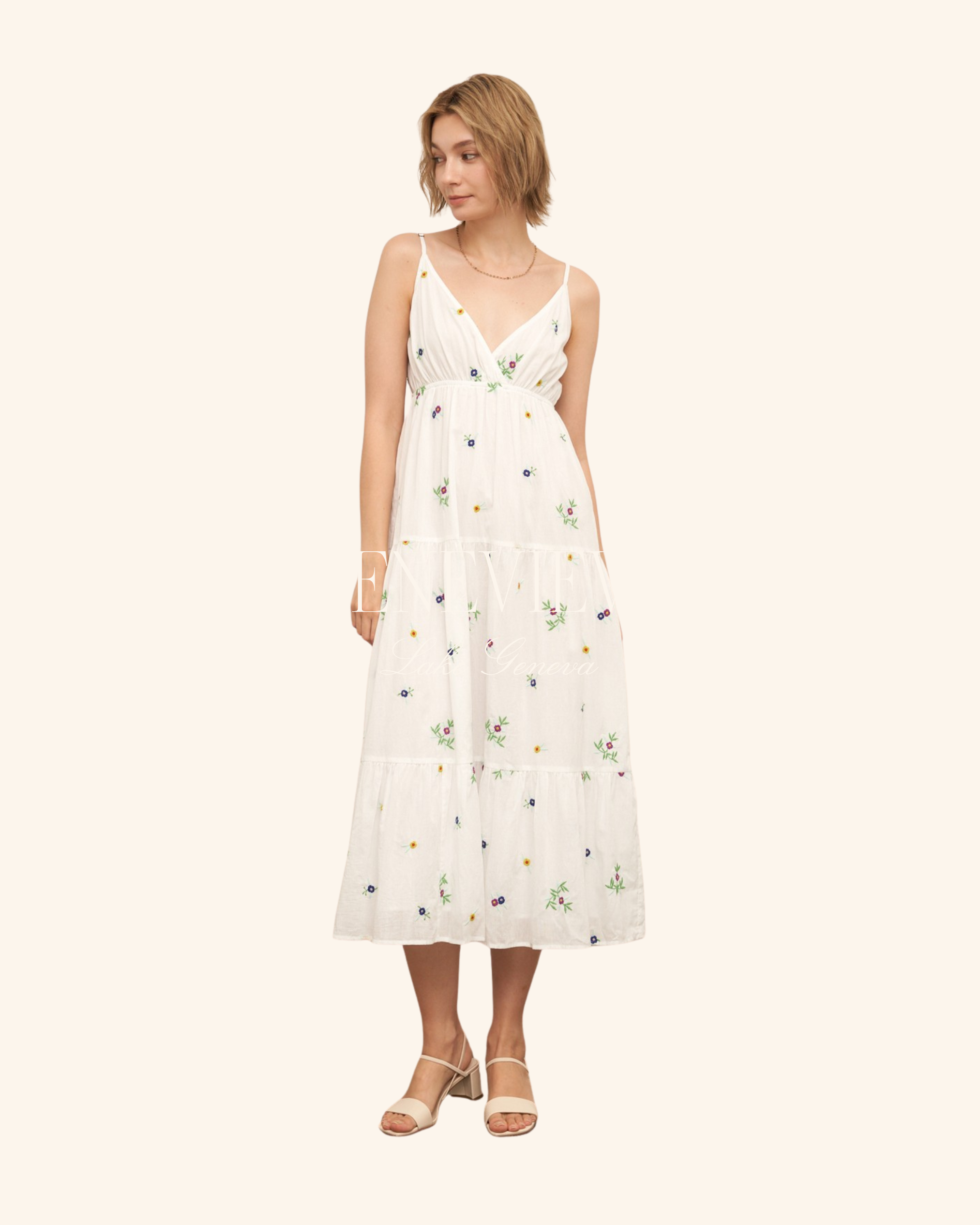En Crème Flower Embroidered Tiered Maxi Dress