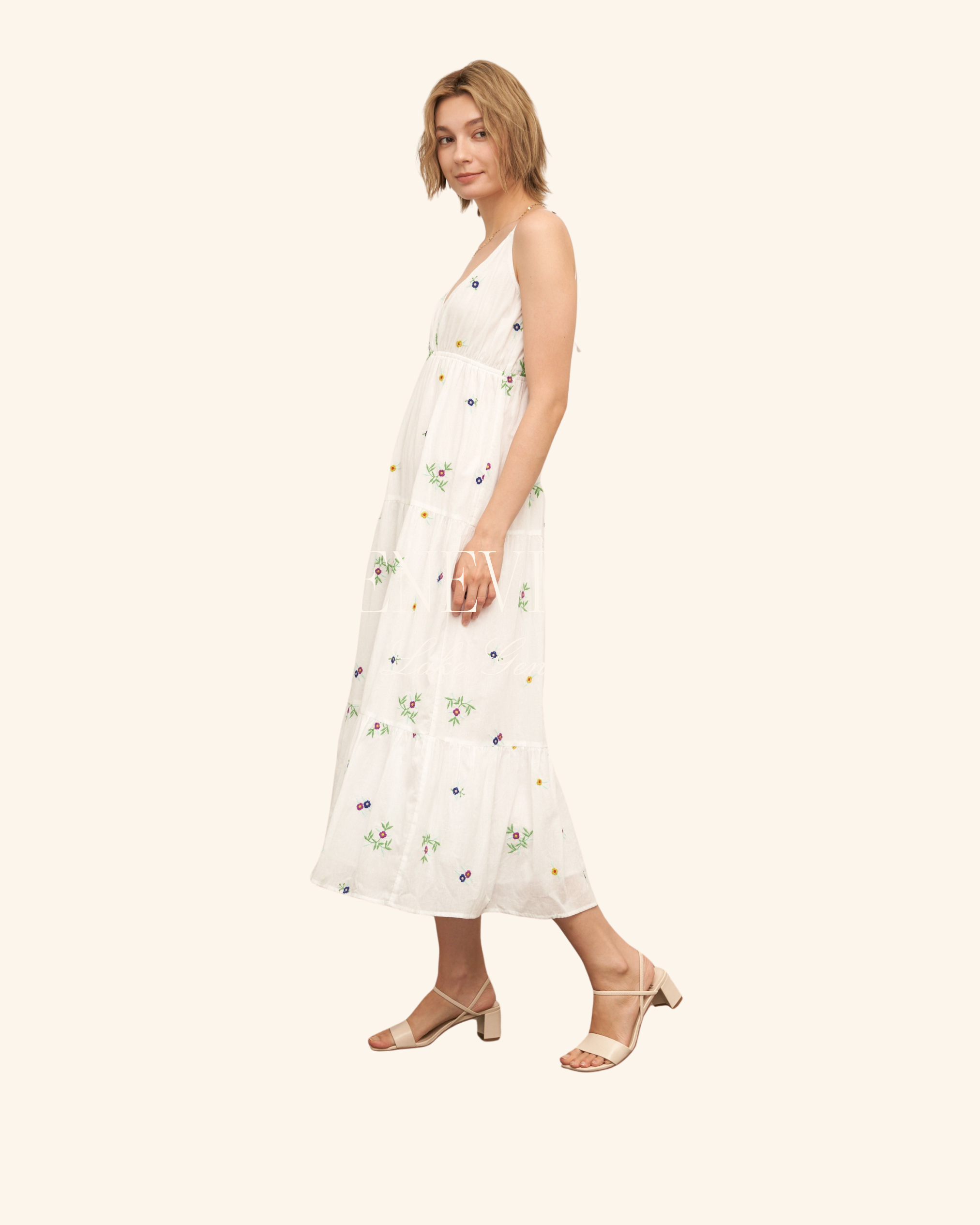 En Crème Flower Embroidered Tiered Maxi Dress