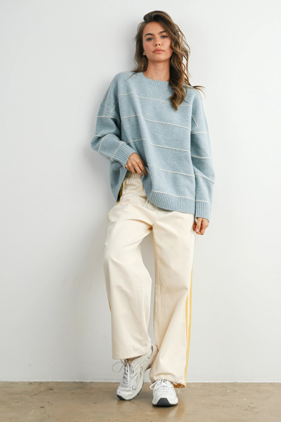 Butermelon Striped Pattern Drop Shoulder Sweater