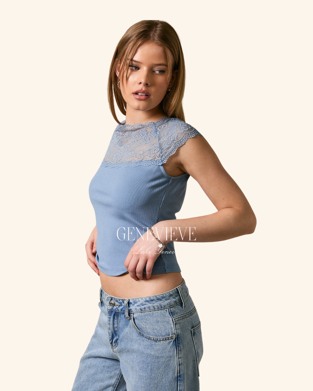 Le Lis Lace Trim Blue Knit Top