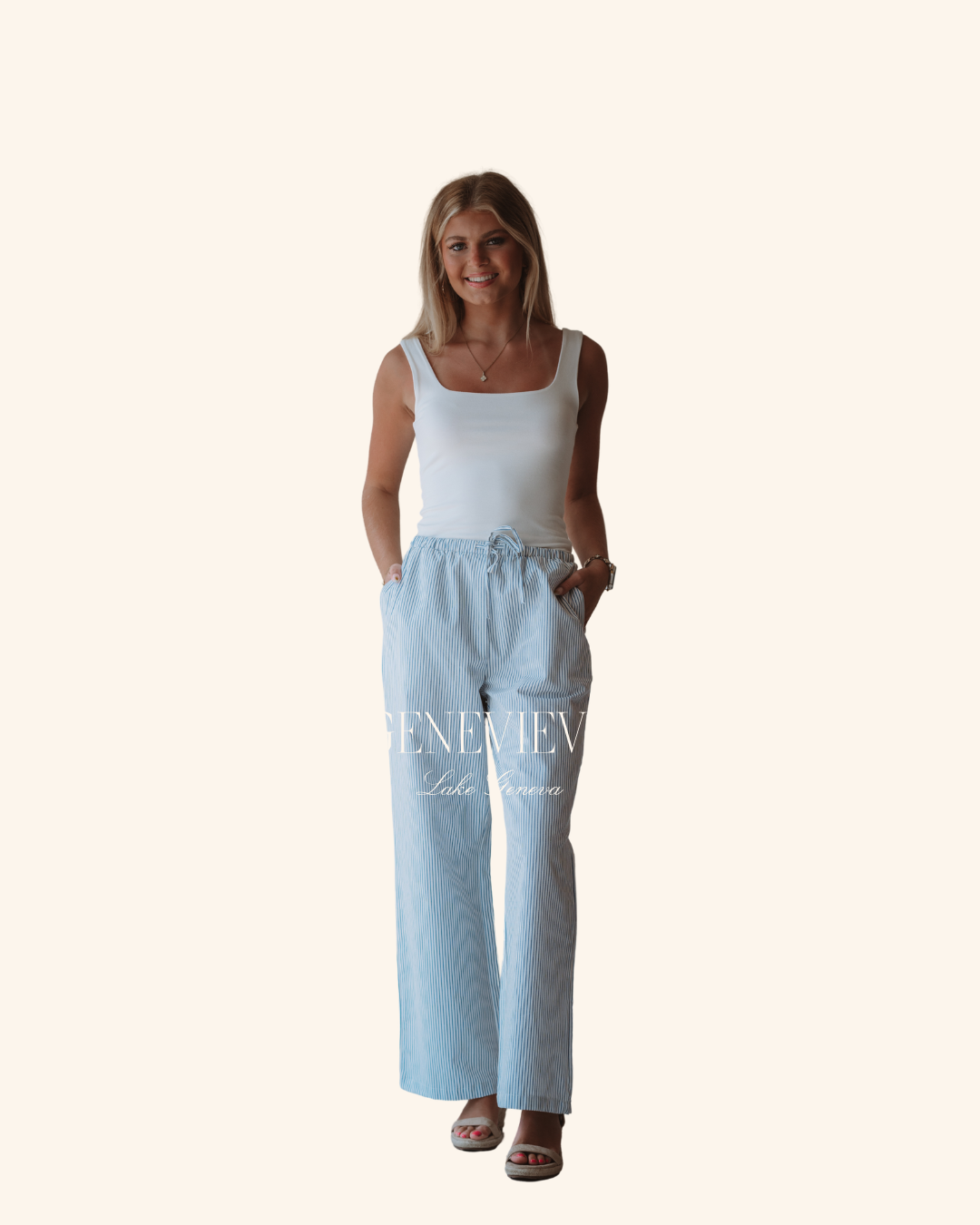 Sunday Edition White and Blue Stripe Wide Leg Pant