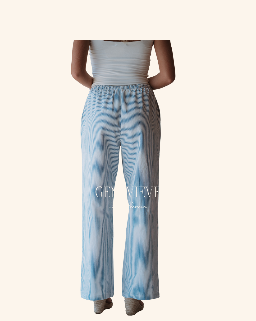 Sunday Edition White and Blue Stripe Wide Leg Pant