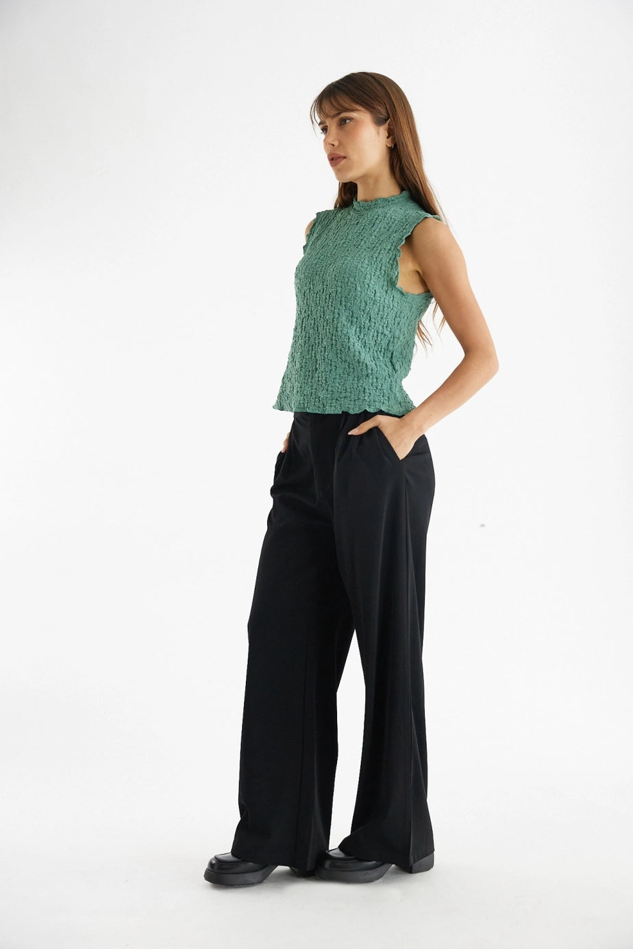 All Row Popcorn Texture Mock Neck Top
