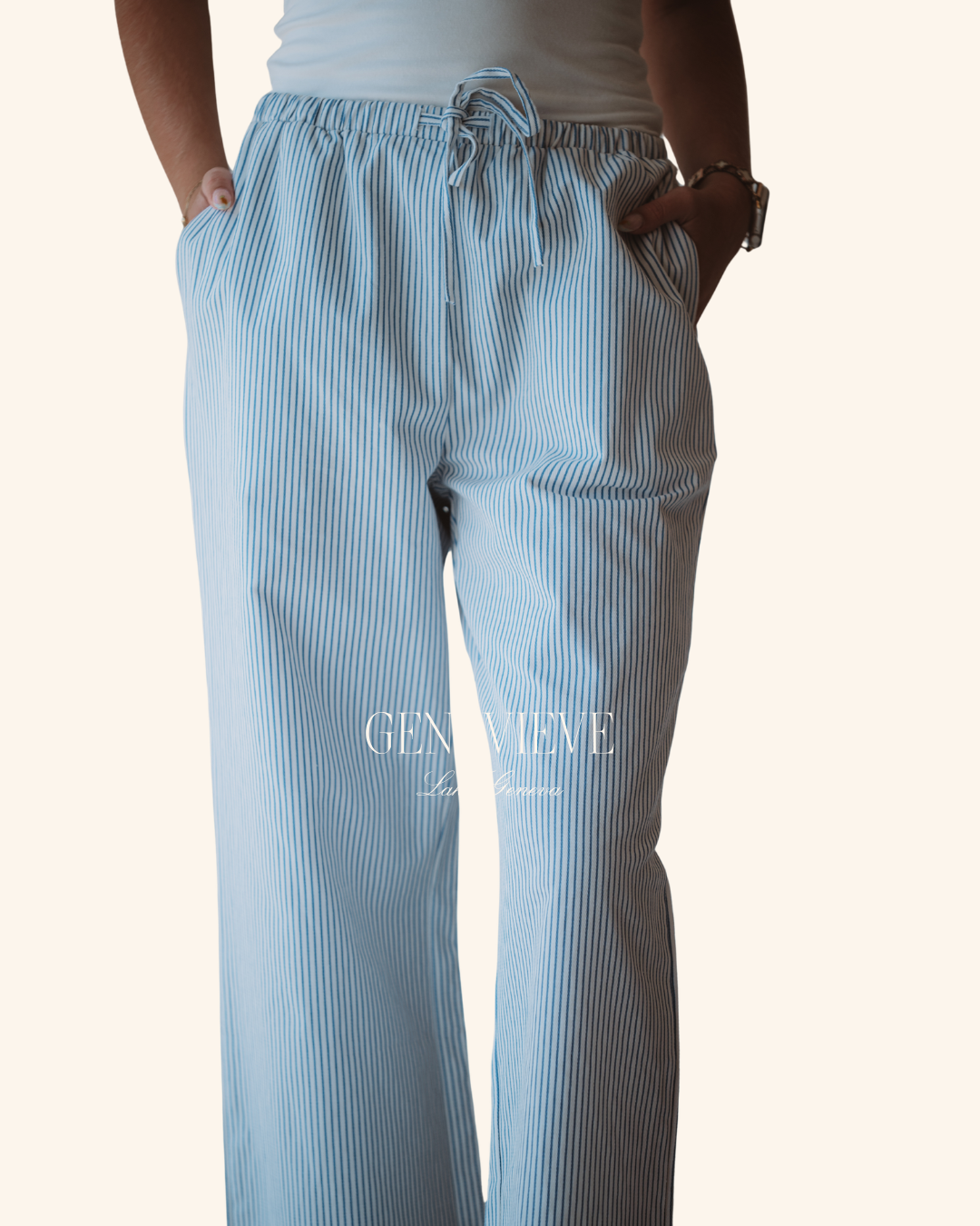 Sunday Edition White and Blue Stripe Wide Leg Pant