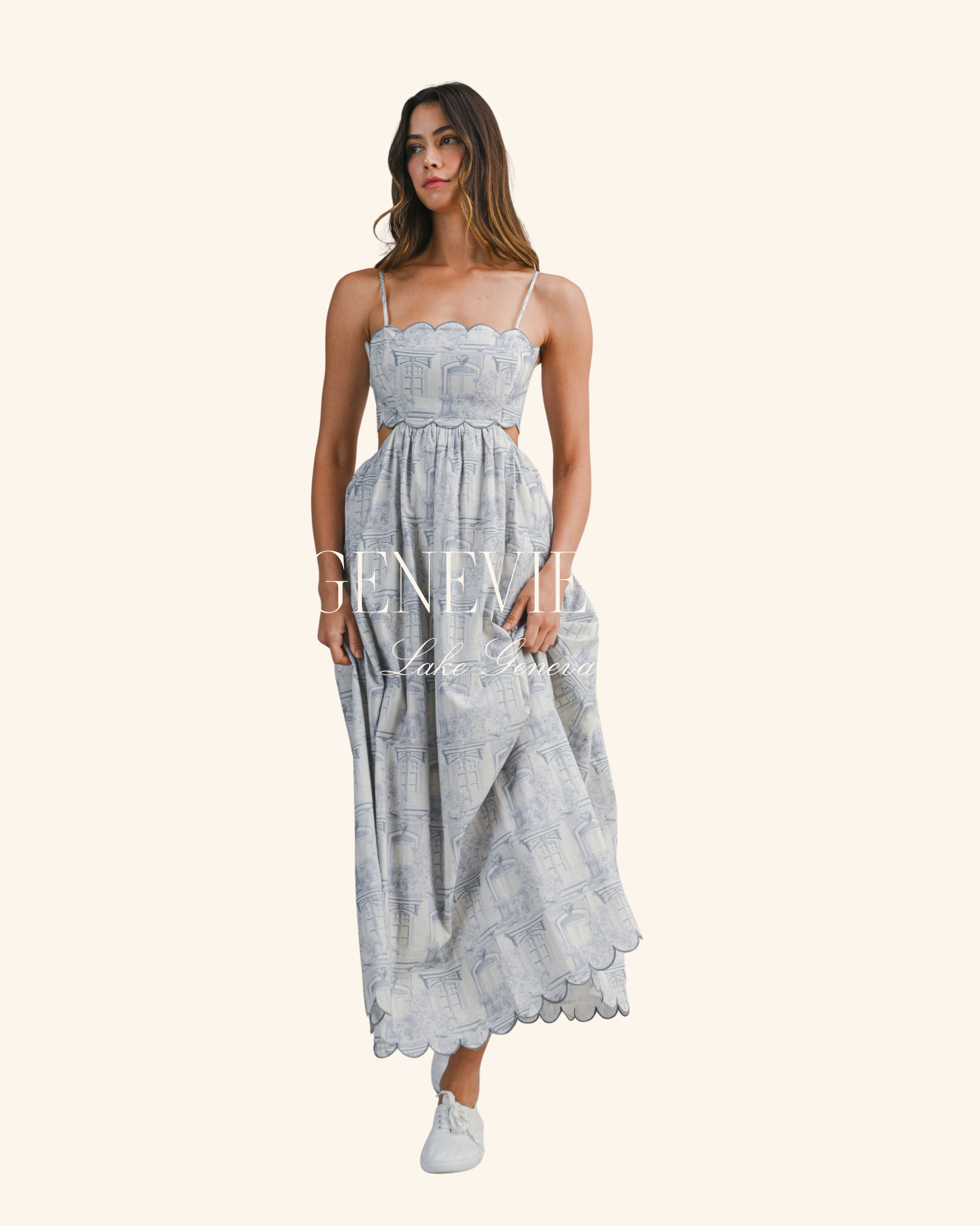 Mable Scenic Print Scalloped Midi Dress