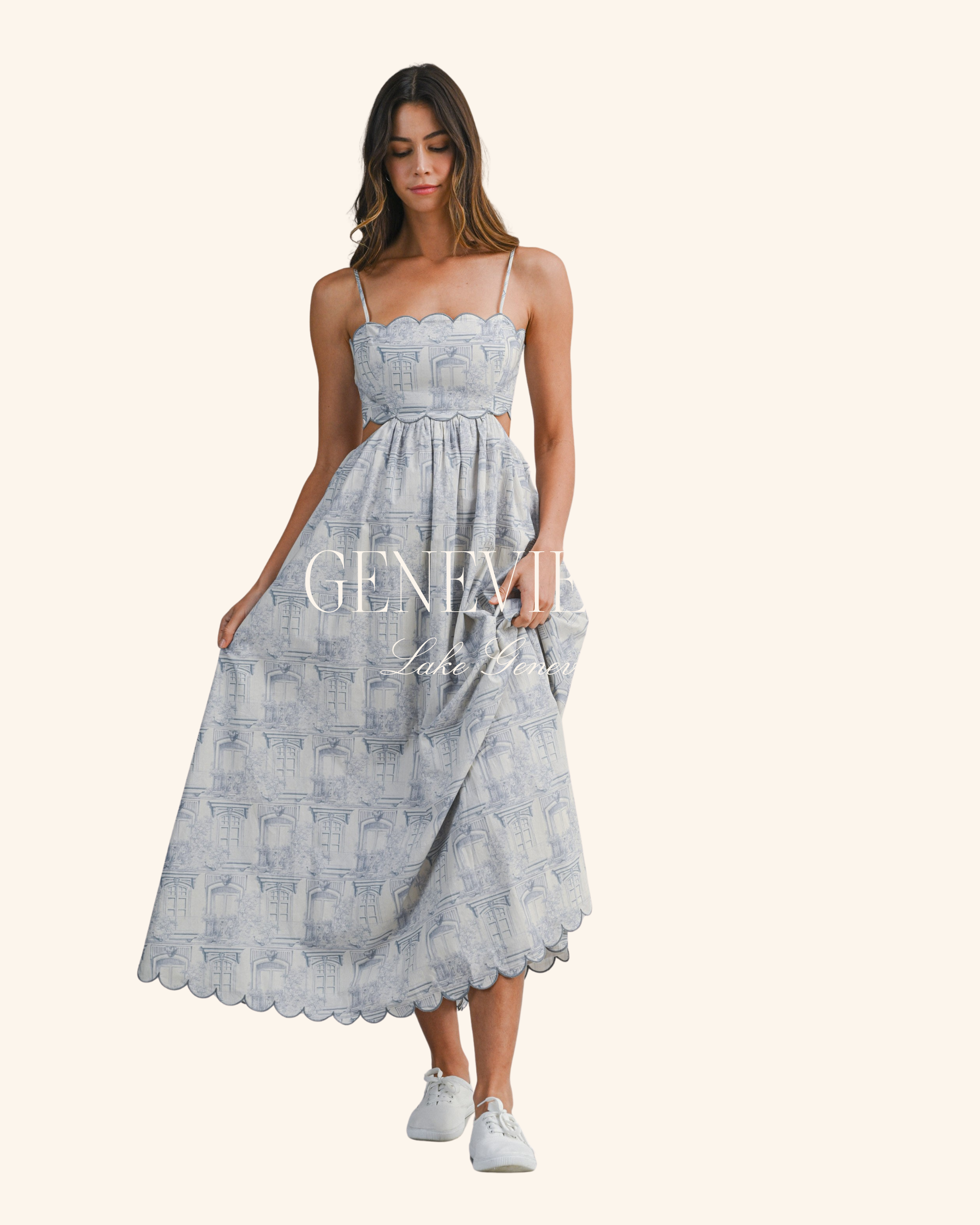 Mable Scenic Print Scalloped Midi Dress