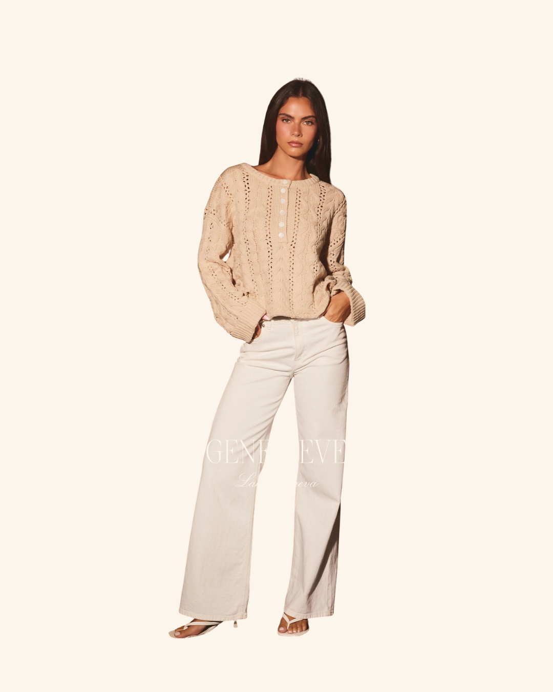 Le Lis Taupe Cable Knit Button Sweater