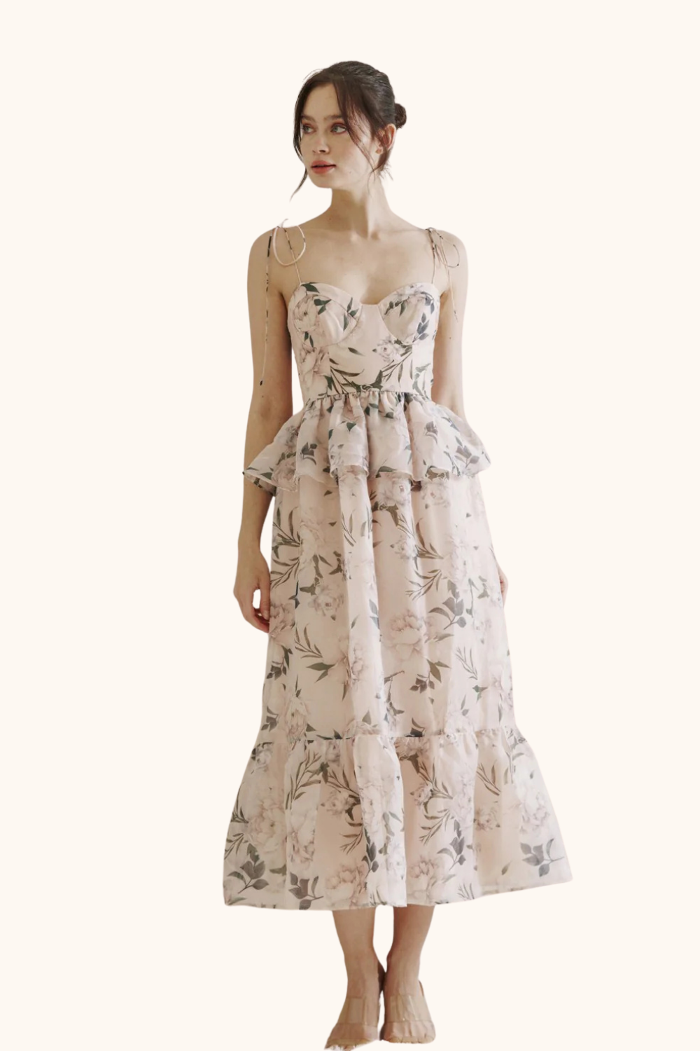 Storia Floral Ruffled Peplum Midi Dress