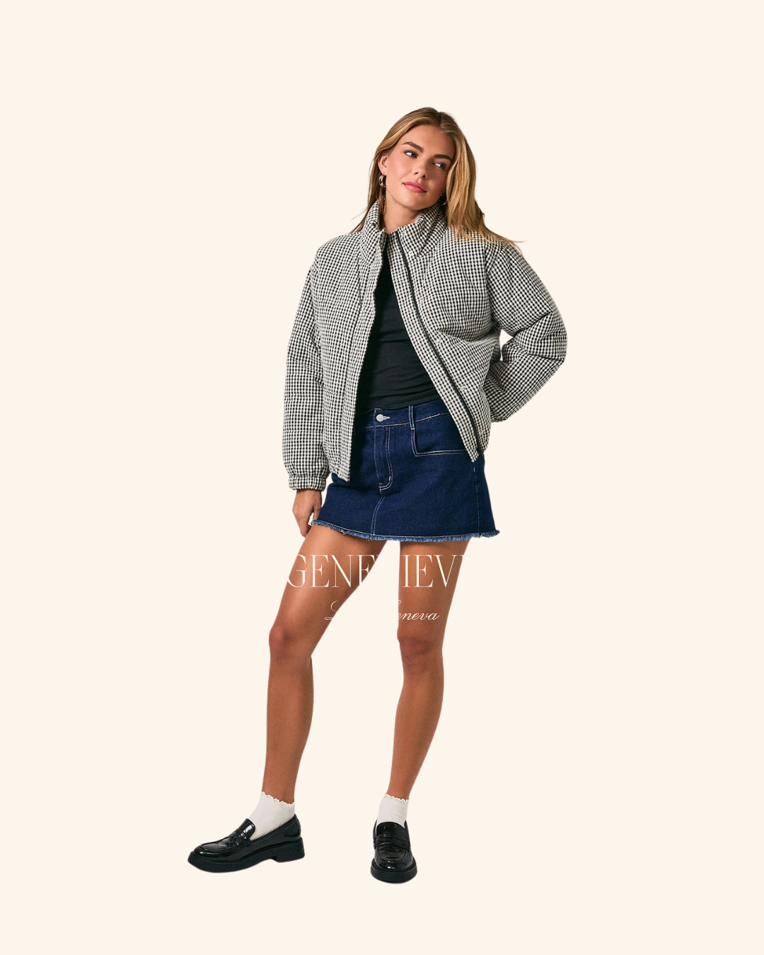Le Lis Black White Gingham Puff Jacket
