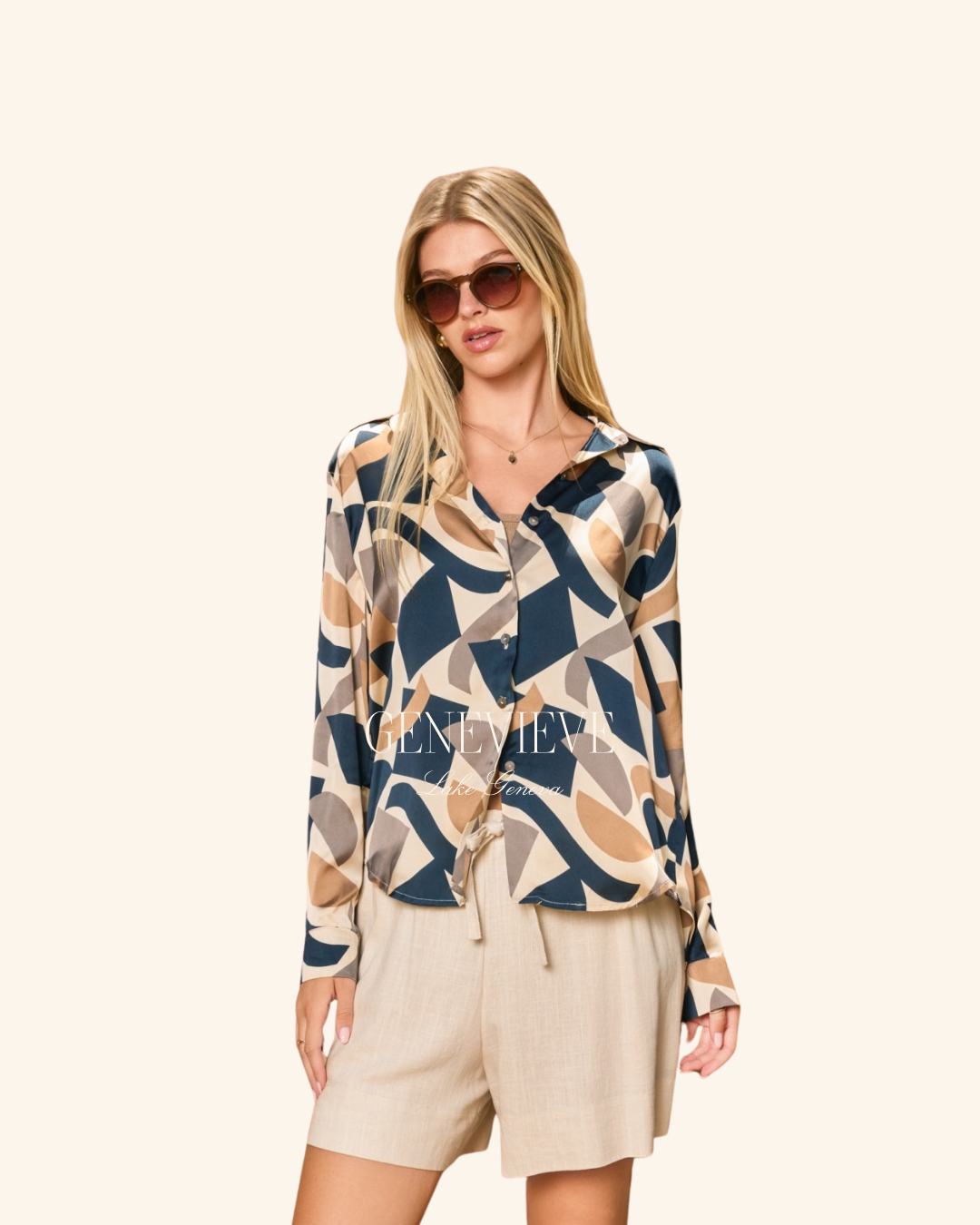 Dress Forum Navy Taupe Printed Blouse