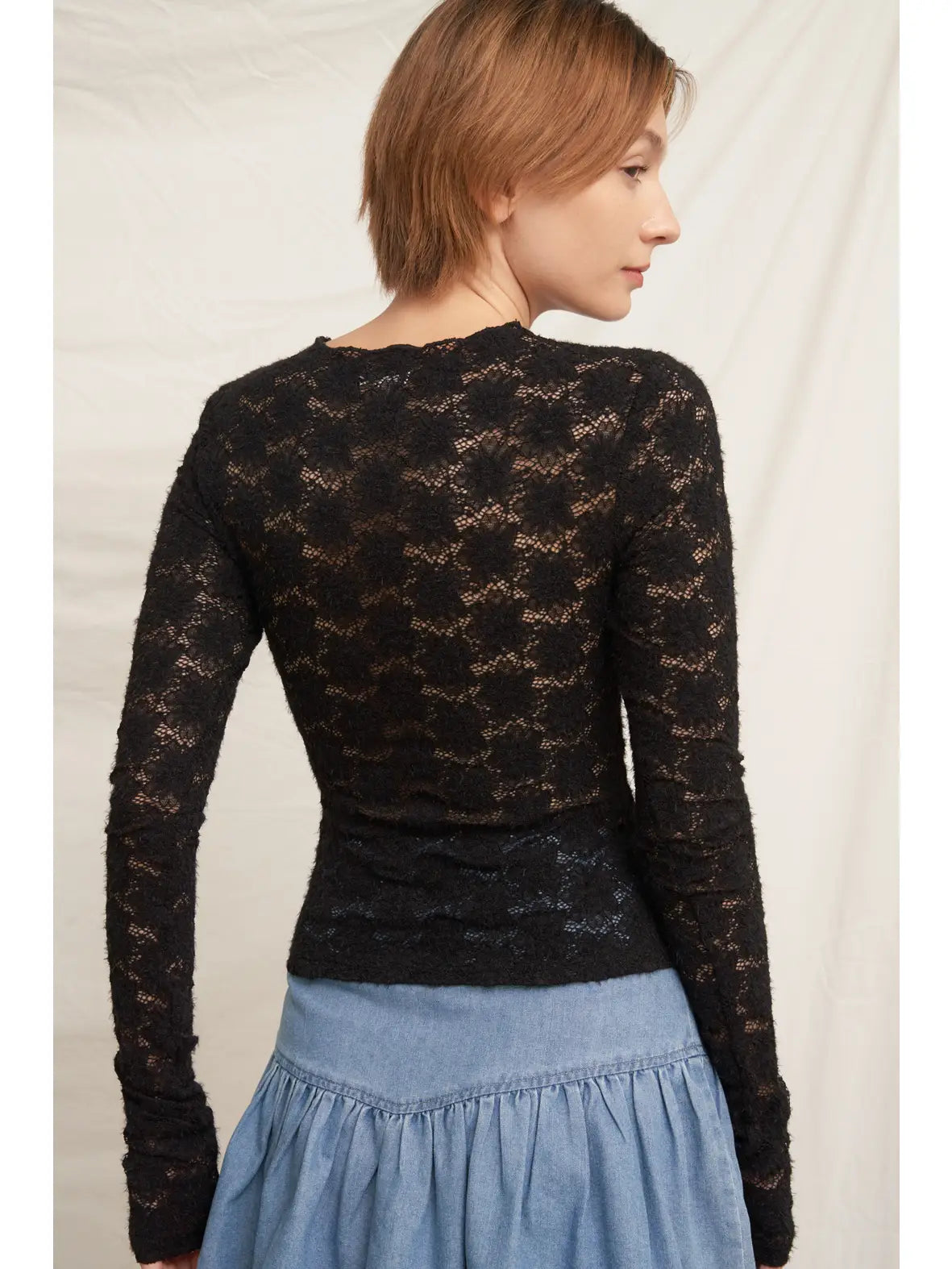 En Crème Floral Lace Long Sleeve Mesh Top