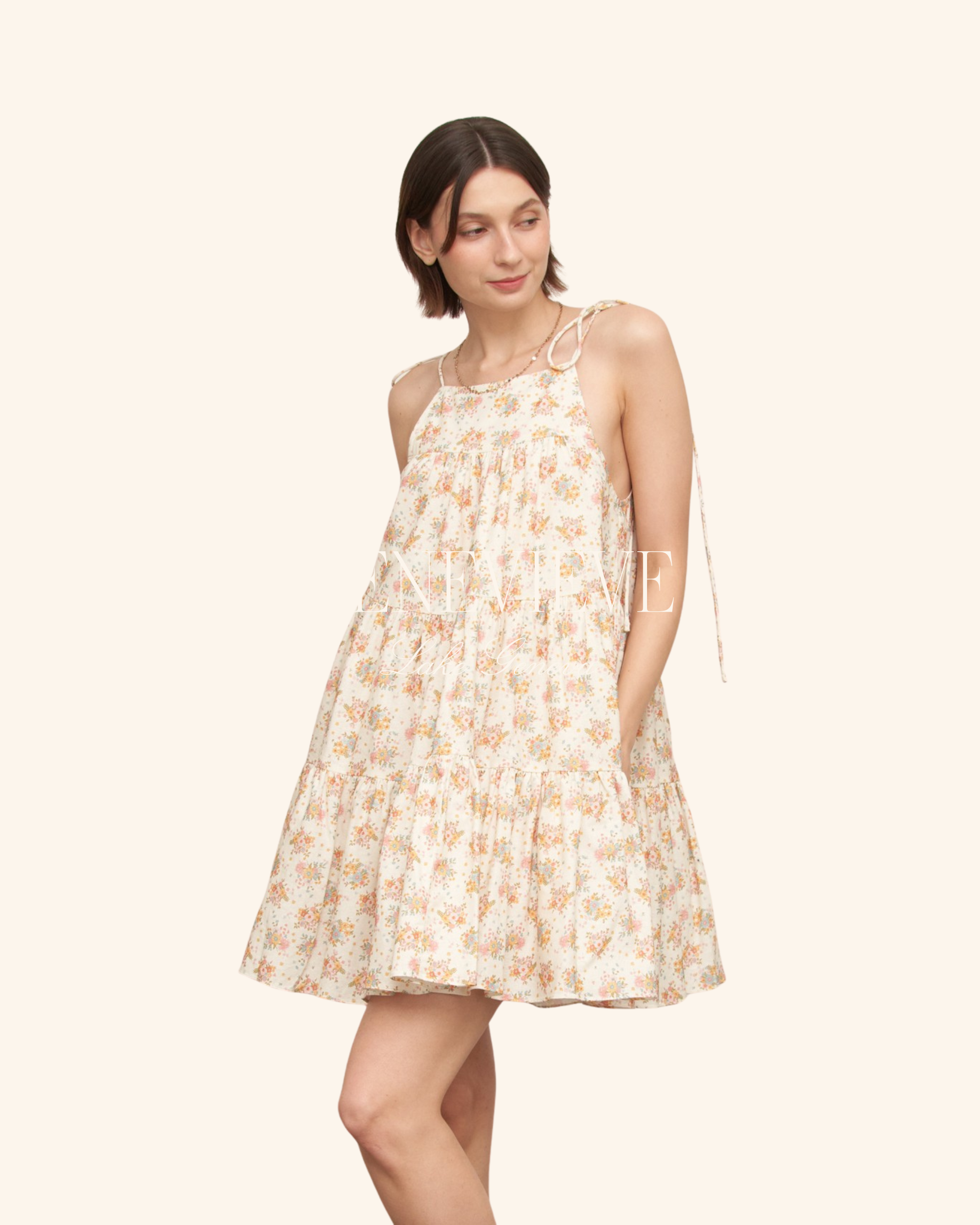 En Crème Orange Ivory Floral Tiered Mini Dress