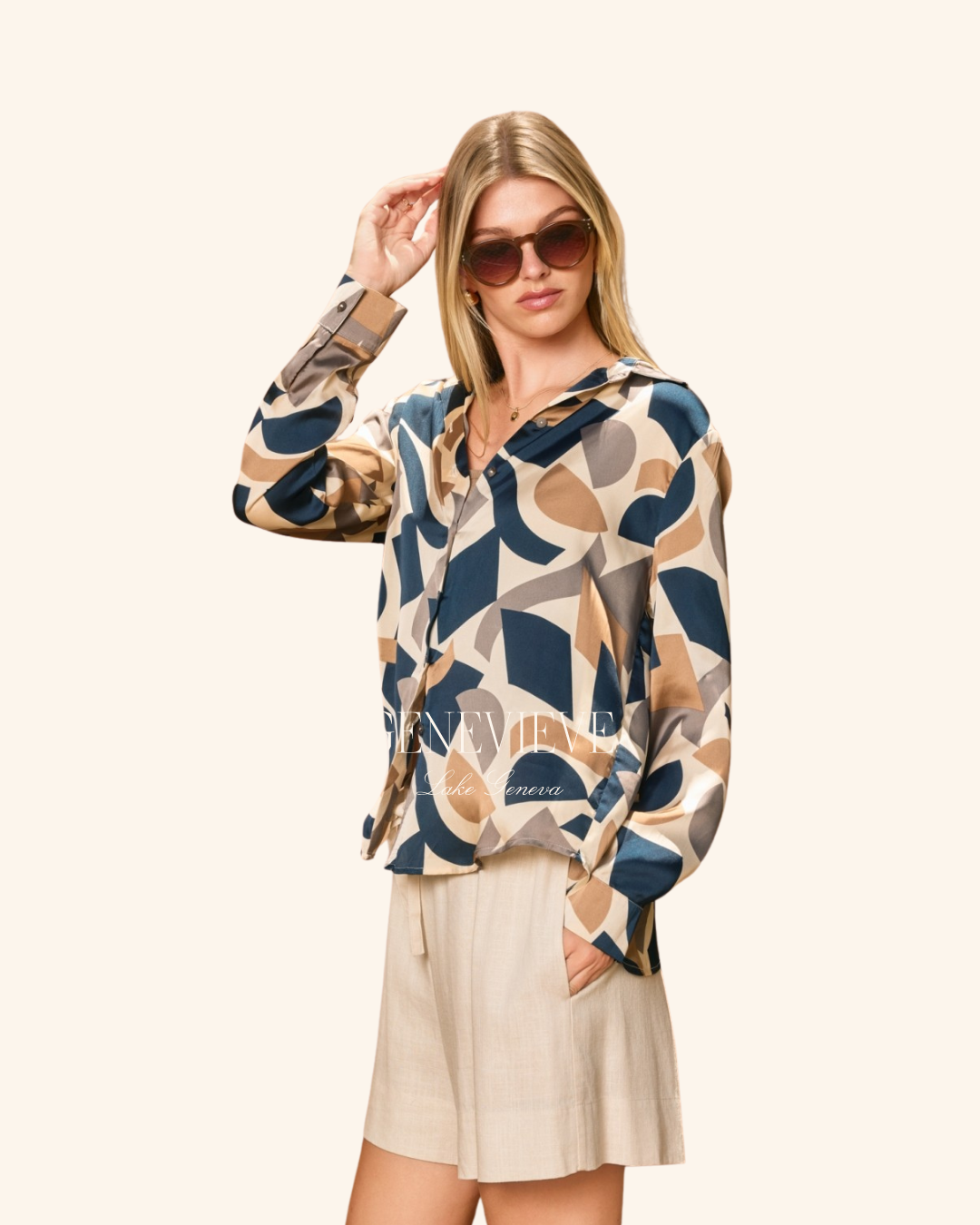 Dress Forum Navy Taupe Printed Blouse
