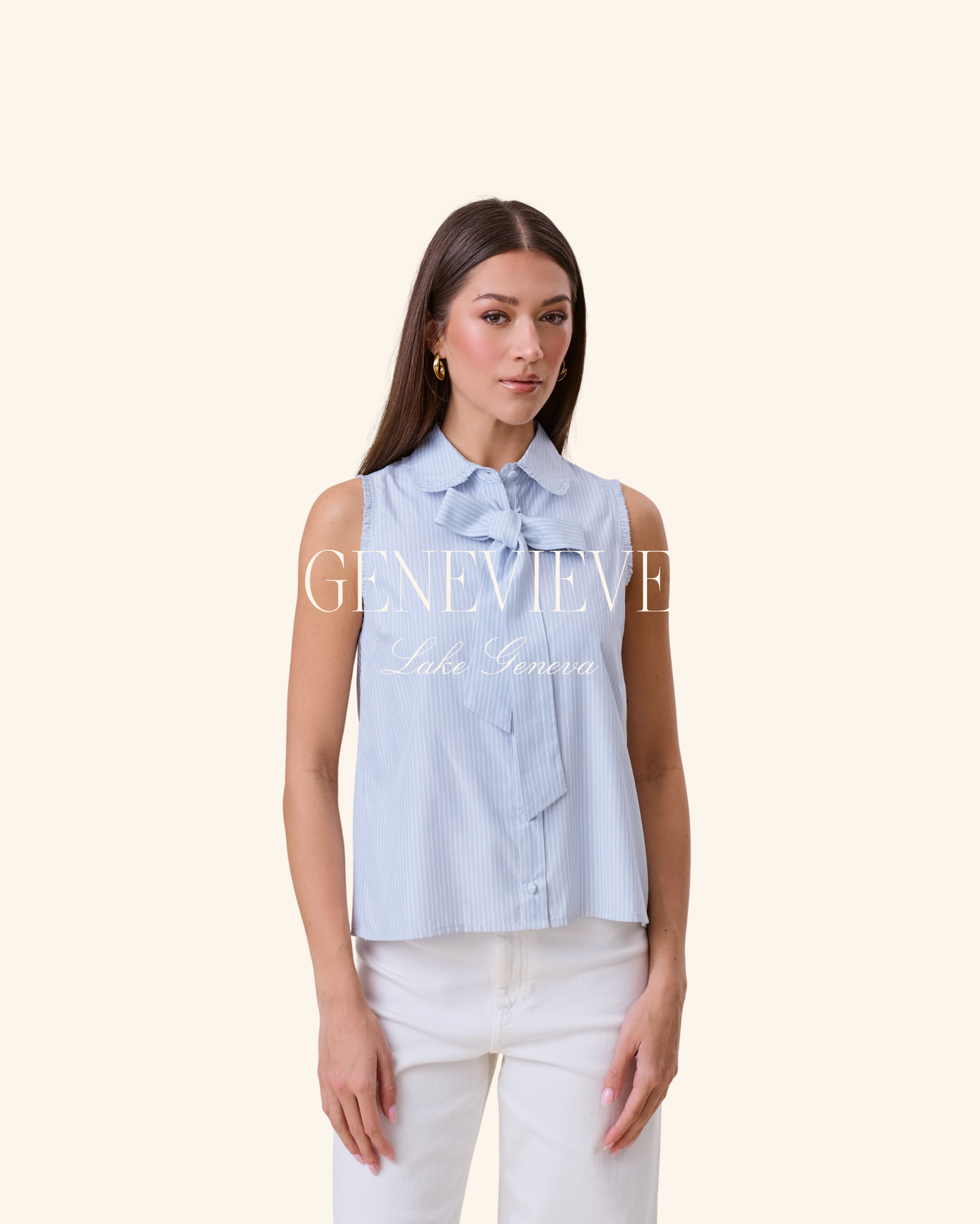 Able Blue Stripe Tie Neck Sleeveless Blouse