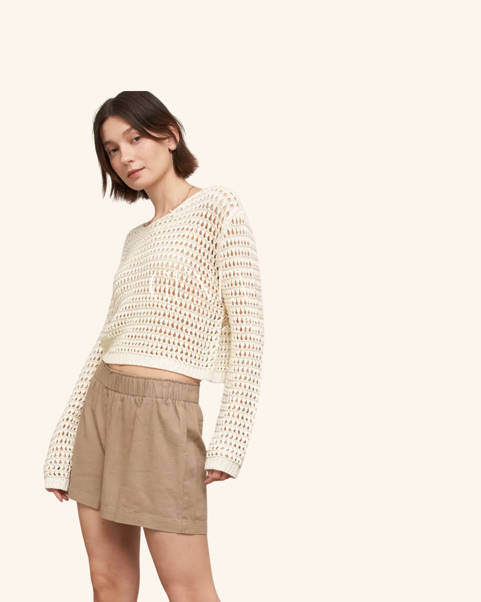 En Crème Ivory Long Sleeve Crochet Top