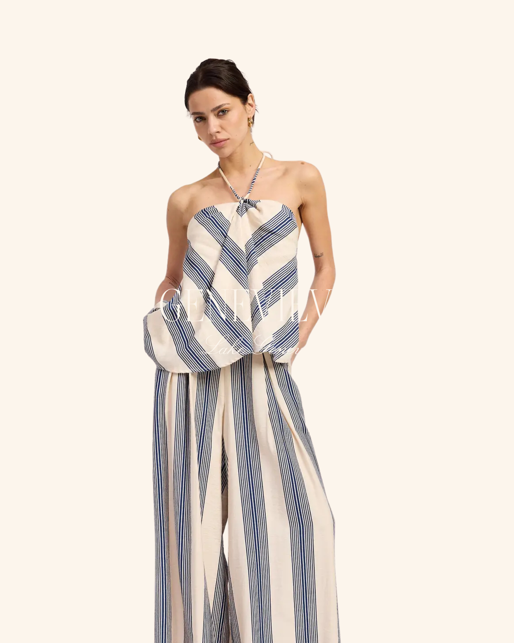 Emory Park Ivory & Navy Striped Wide Leg Pants