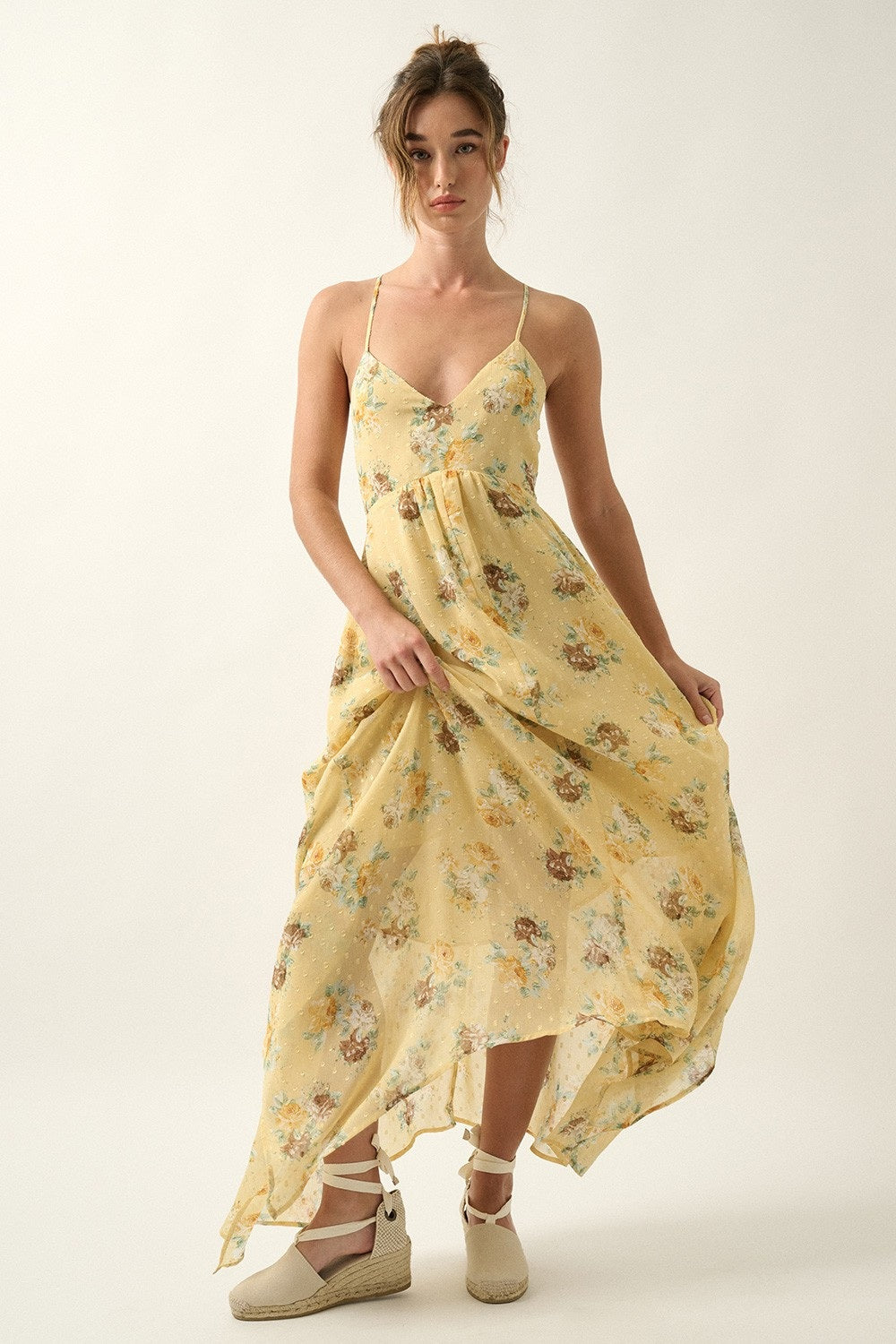 Promesa Floral Swiss Dot Chiffon Maxi Dress
