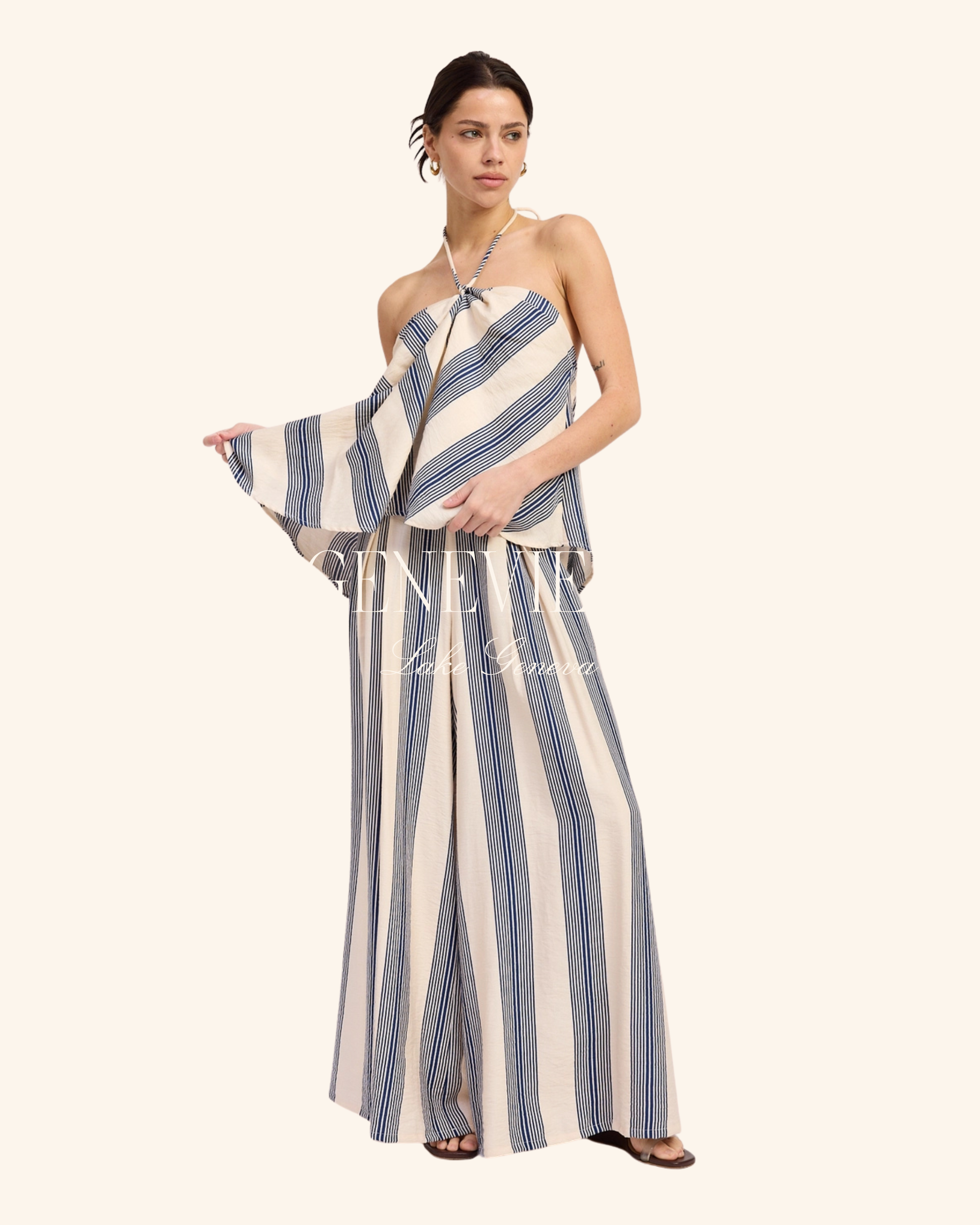 Emory Park Ivory & Navy Striped Wide Leg Pants